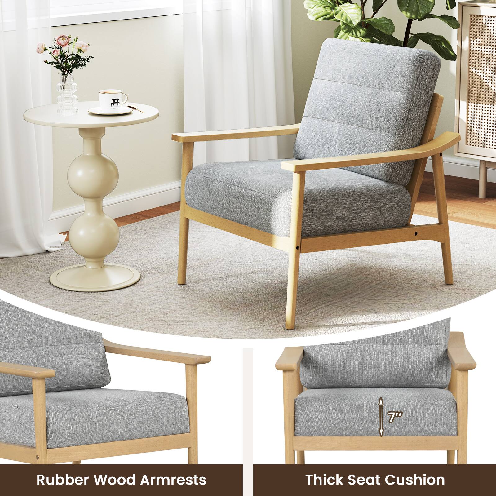 7" Rubber Wood Armrests  
Thick Seat Cushion