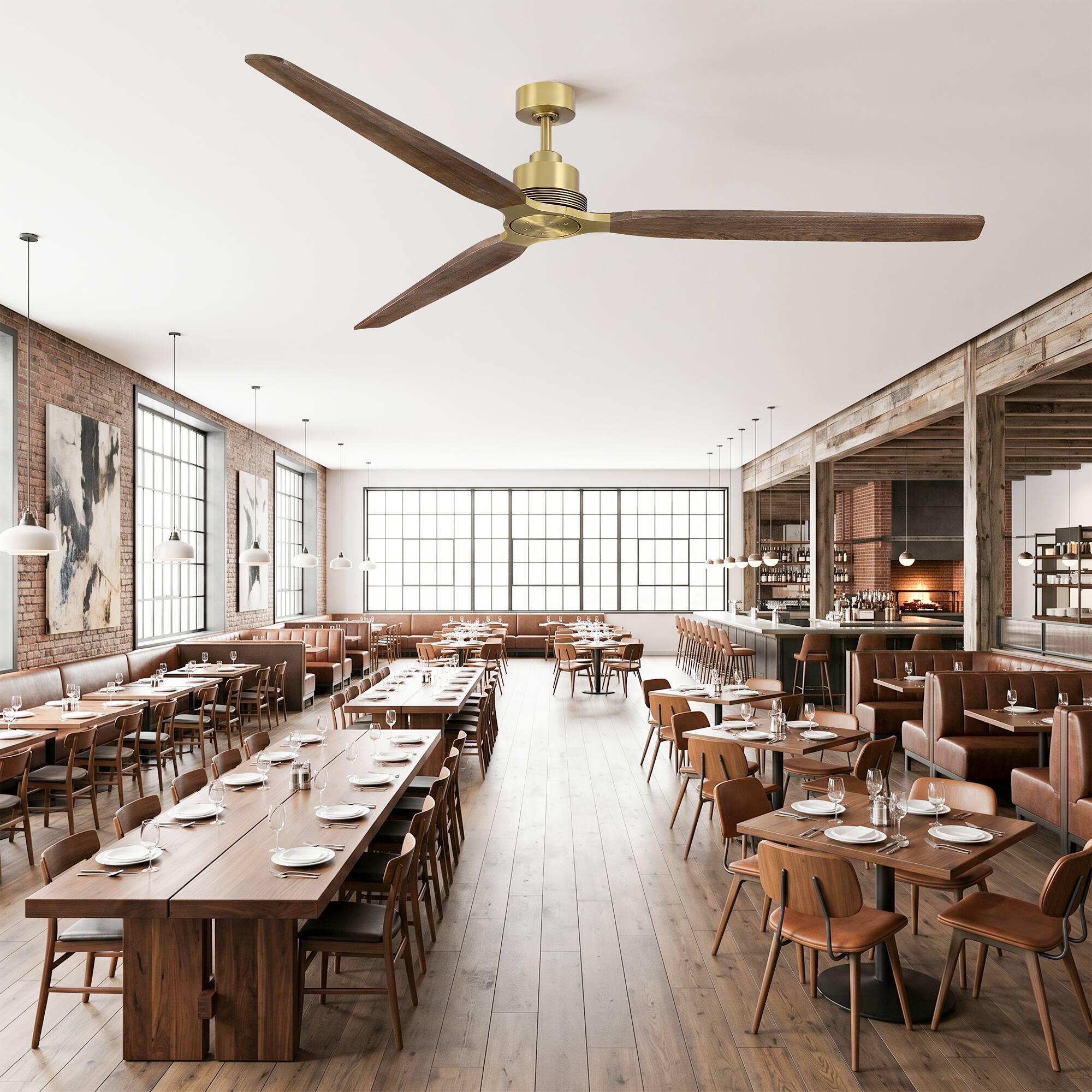 Left. Parrot Uncle - 84" Rustic Solid Wood Large HVLS Ceiling Fan with Remote, No Light - Brass.
