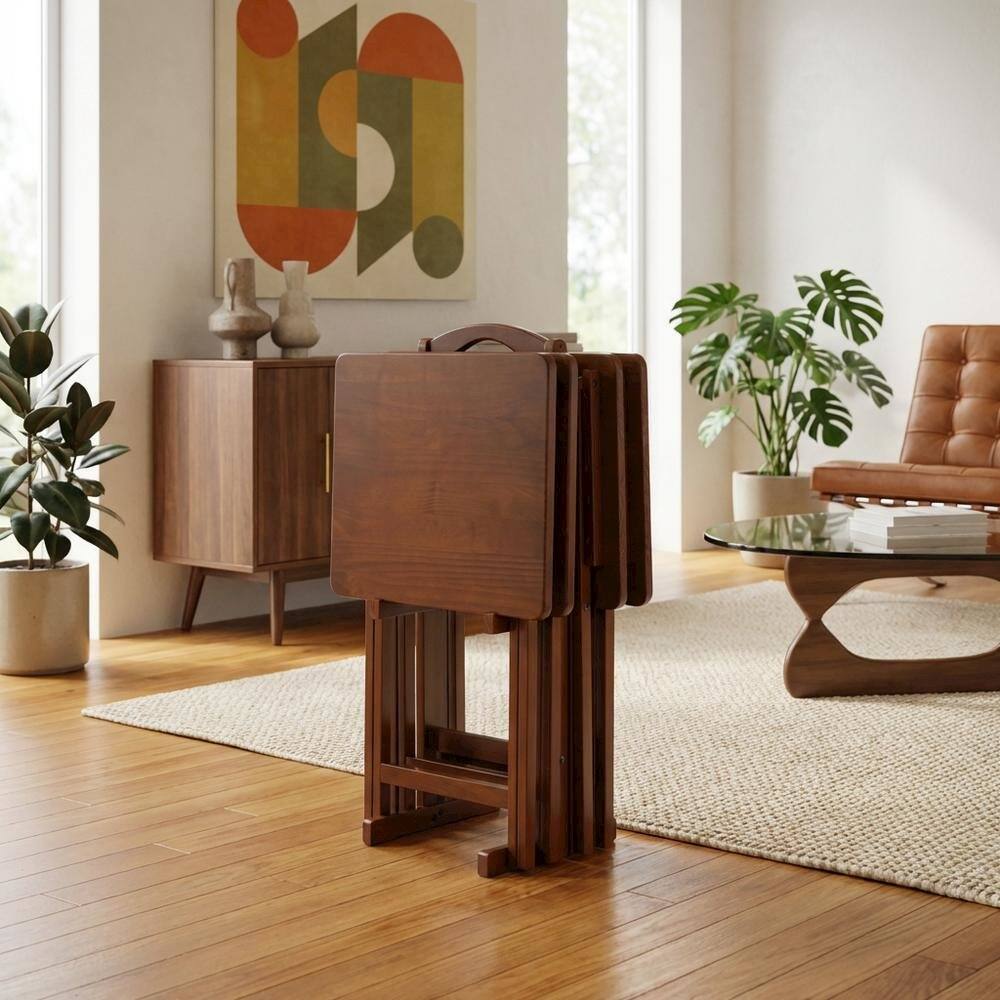 Alt View 4. FurniFact - Solid Wood TV Trays Set Of 4 With Storage Rack in Walnut Finish - Walnut.