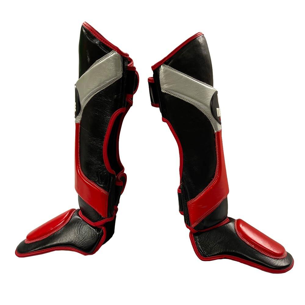 Back. Amber Sporting Goods - Invincible Shin & Instep, Premium Synthetic Leather Shin Guards for Muay Thai, MMA, Martial Arts Training & Sparring - Black/Red/Silver.