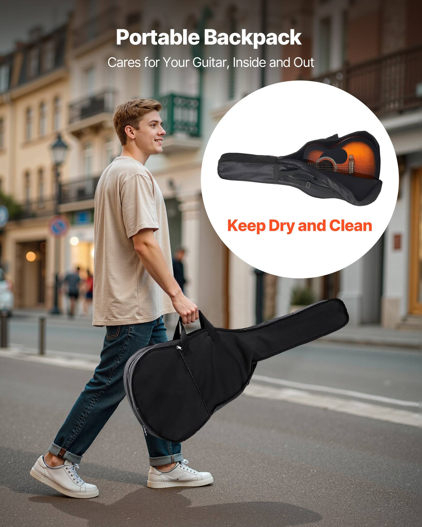 Portable Backpack  
Cares for Your Guitar, Inside and Out  
Keep Dry and Clean