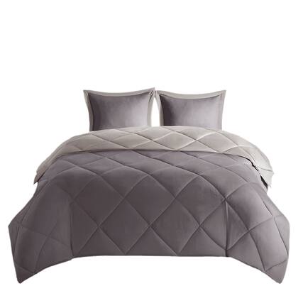 Front. Gracie Mills - Gracie Mills Vicente Reversible Diamond Quilt Down Alternative Comforter Set with 3M Scotchgard Protection - Charcoal/Grey.