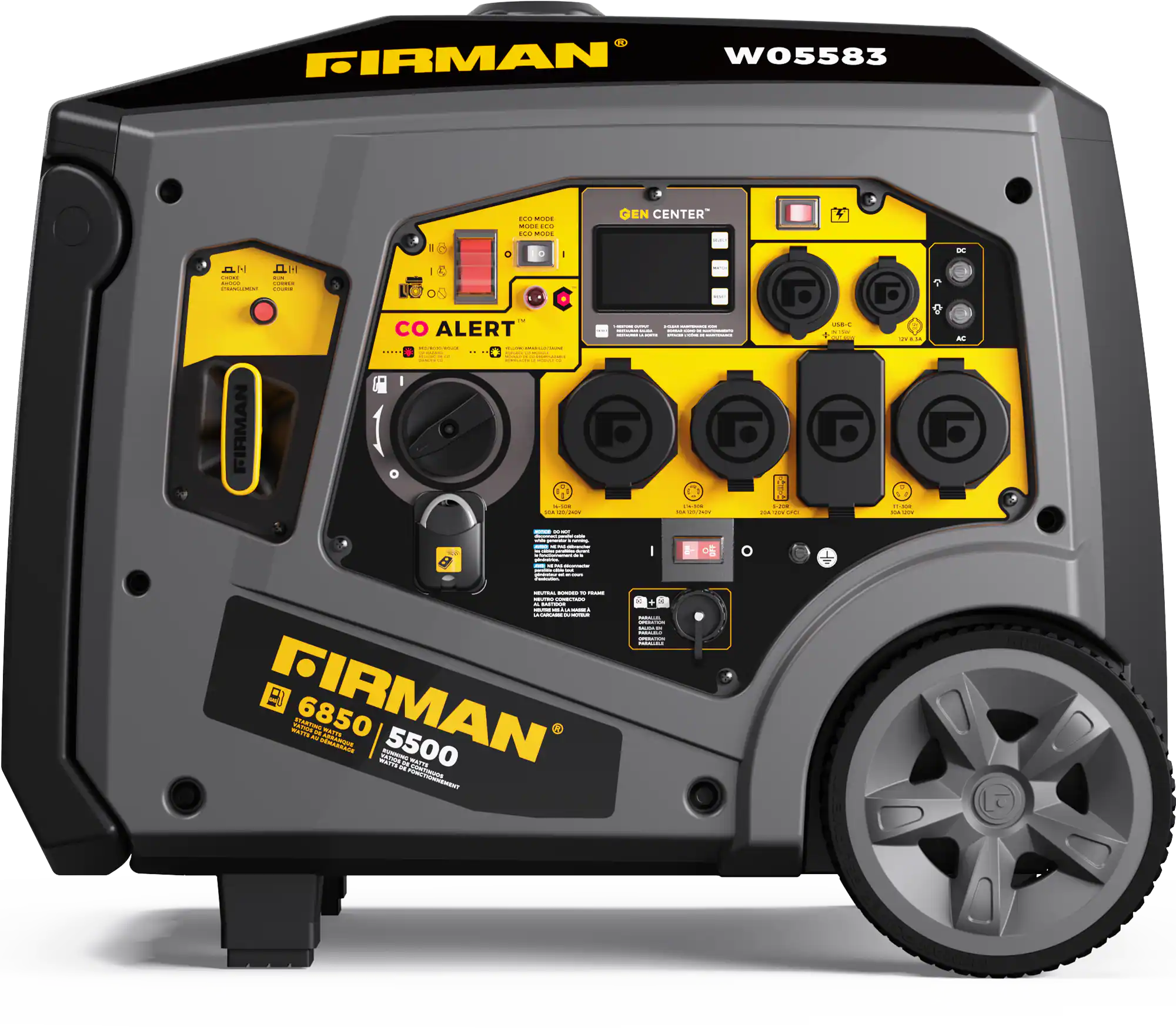 FIRMAN  
W05583  

GEN CENTER  

CO ALERT  

FIRMAN  
6850 5500  
MAXIMUM OUTPUT  
5500 WATTS  
120V/240V  
120V/240V  
120V/240V  
120V/240V  
120V/240V  
120V/240V  
120V/240V  
120V/240V  
120V/240V  
120V/240V  
120V/240V  
120V/240V  
120V/240V  
120V/240V  
120V/240V  
120V/240V  
120V/240V  
120V/240V  
120V/240V  
120V/240V  
120V/240V  
120
