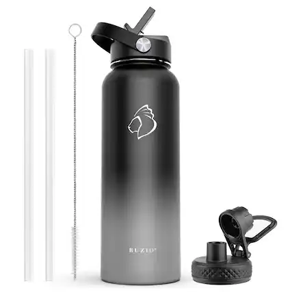 Angle. Buzio - 40oz Insulated Water Bottle with Straw Lid and Spout Lid - Black & Gray.