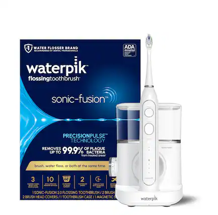 1 WATER FLOSSER BRAND RECOMMENDED BY DENTAL PROFESSIONALS
waterpik flossing toothbrush
ADA Accepted
sonic-fusion™
PRECISIONPULSE™ TECHNOLOGY
REMOVES UP TO 99.9% OF PLAQUE AND BACTERIA from treated areas*
brush, water floss, or both at the same time
3 CLEANING MODES
10 SAFE & EFFECTIVE PRESSURE SETTINGS
60 SECONDS OF WATER SPEEDS
2 TOOTHBRUSH HEADS
2-BRUSH TIMER
1 SONIC-FUSION 2.0 FLOSSING TOOTHBRUSH / 2 BRUSH HEAD COVERS / 1 TOOTHBRUSH CASE / 1 MAGNETIC STAND
*Based on in vitro testing.