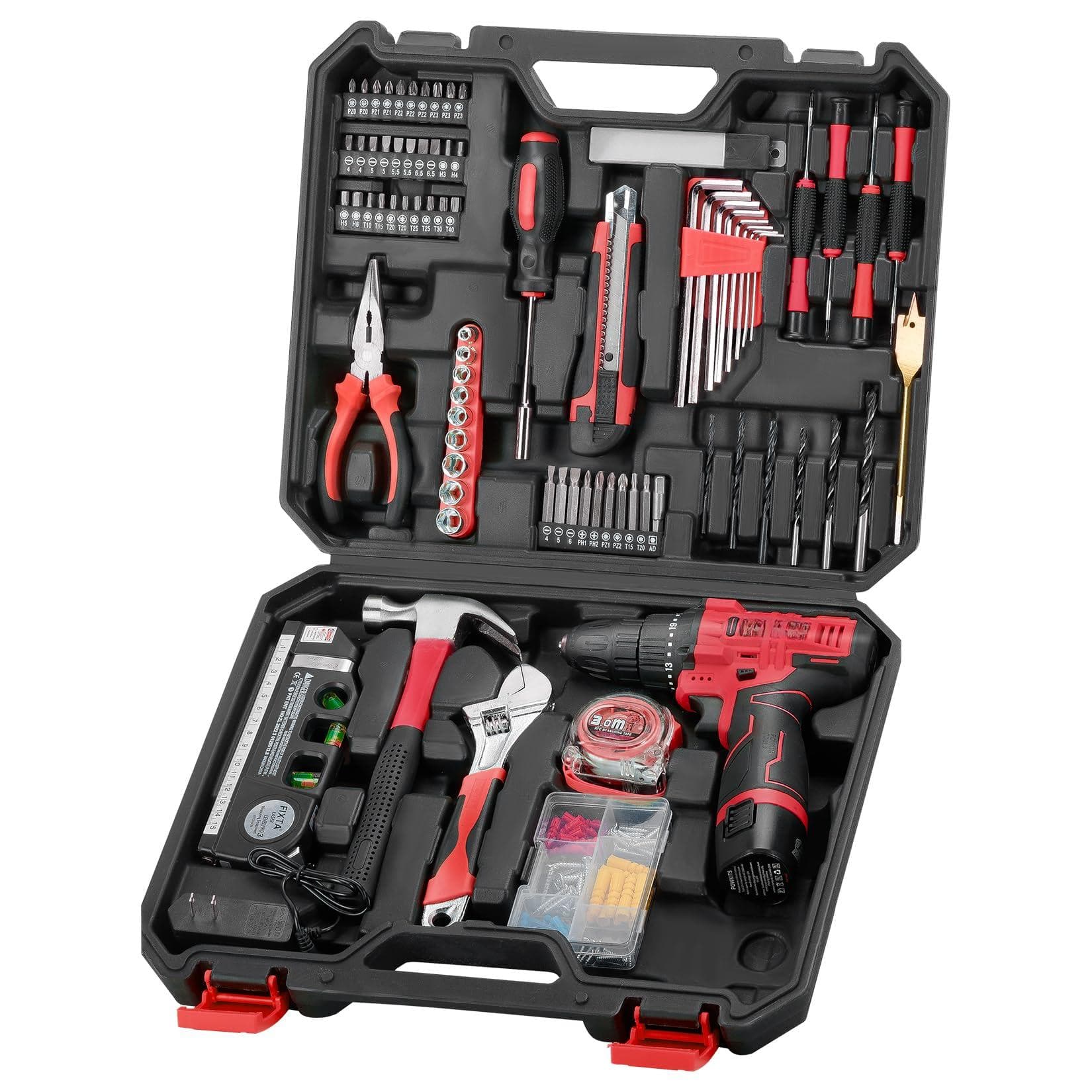 JETRANSPORT - Cordless Drill Tool Set: 12v Power Kit With & Portable Household Basic Drills Case For Men Women - Red