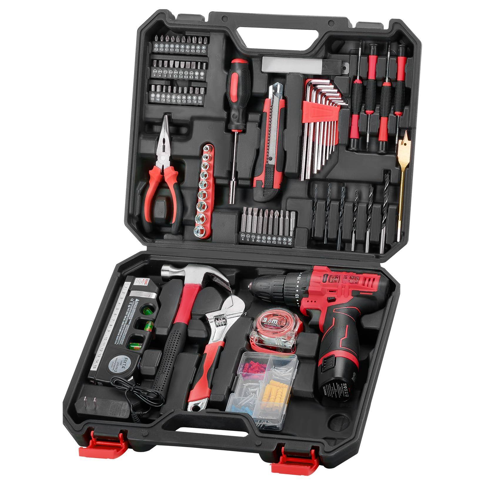 JETRANSPORT - Cordless Drill Tool Set: 12v Power Kit With & Portable Household Basic Drills Case For Men Women - Red