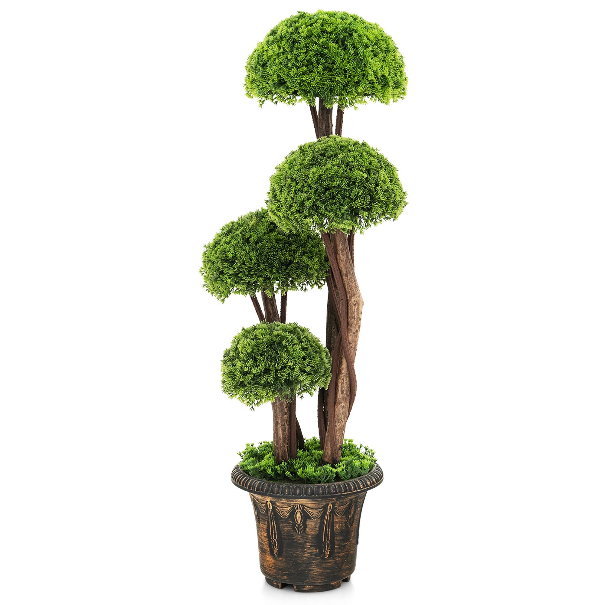 Gymax - 3FT Artificial Tree Fake Cedar Tree Faux Cypress Topiary Tree for Indoor Outdoor - Green,Golden