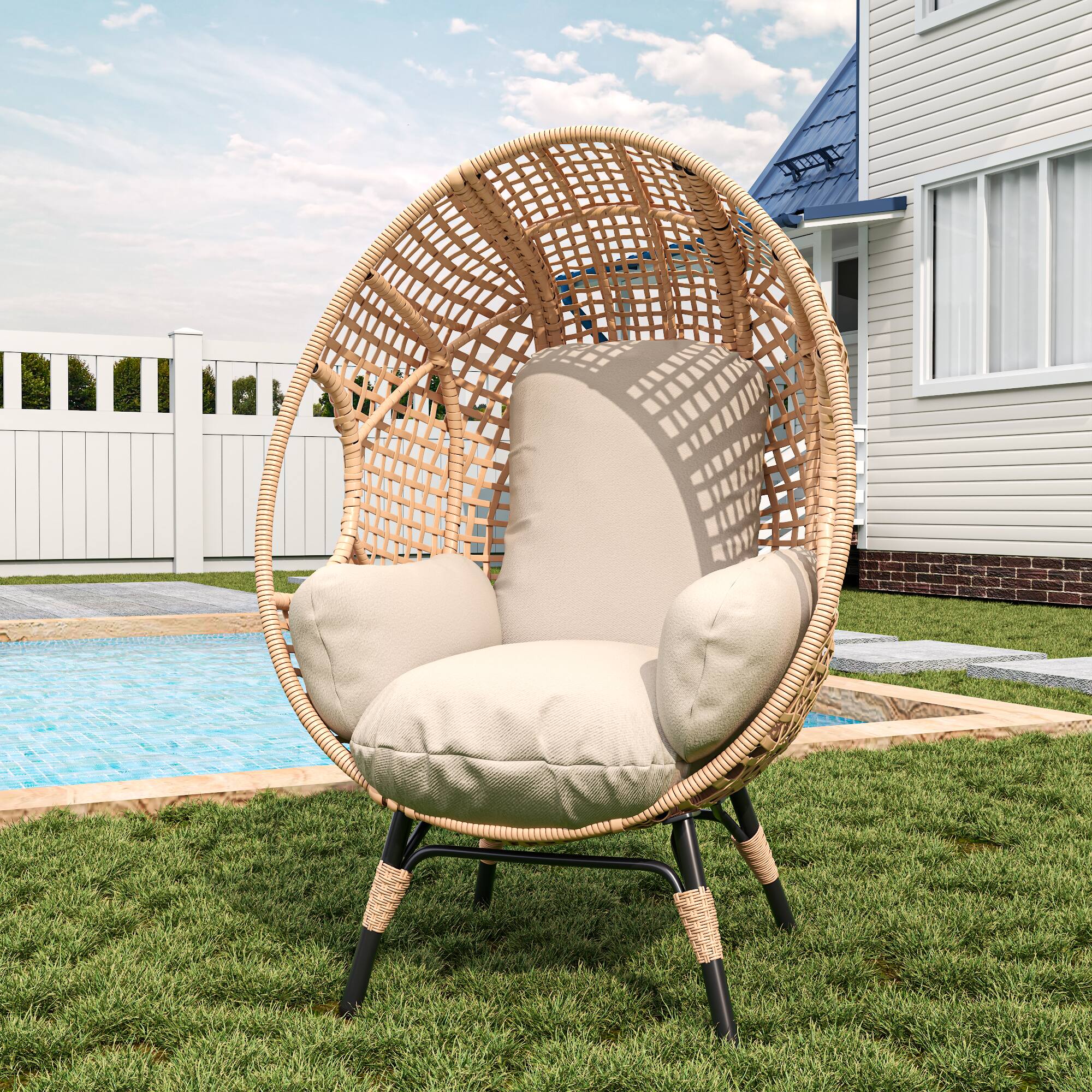 Left. Mondawe - Patio PE Rattan Arc Back Egg Chair with Cushion - Natural.