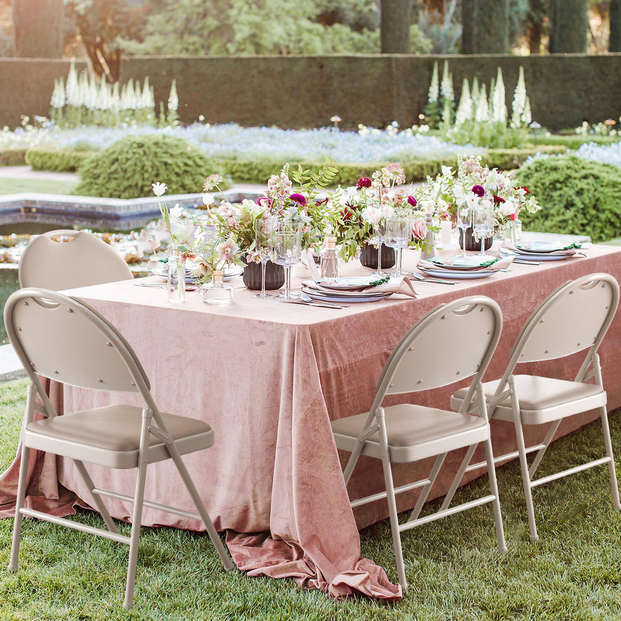 Left. Jojoka - Folding Chair 4 Pack with Thickened Padded PU Cushion, Portable Stackable Commercial Seat - Beige.