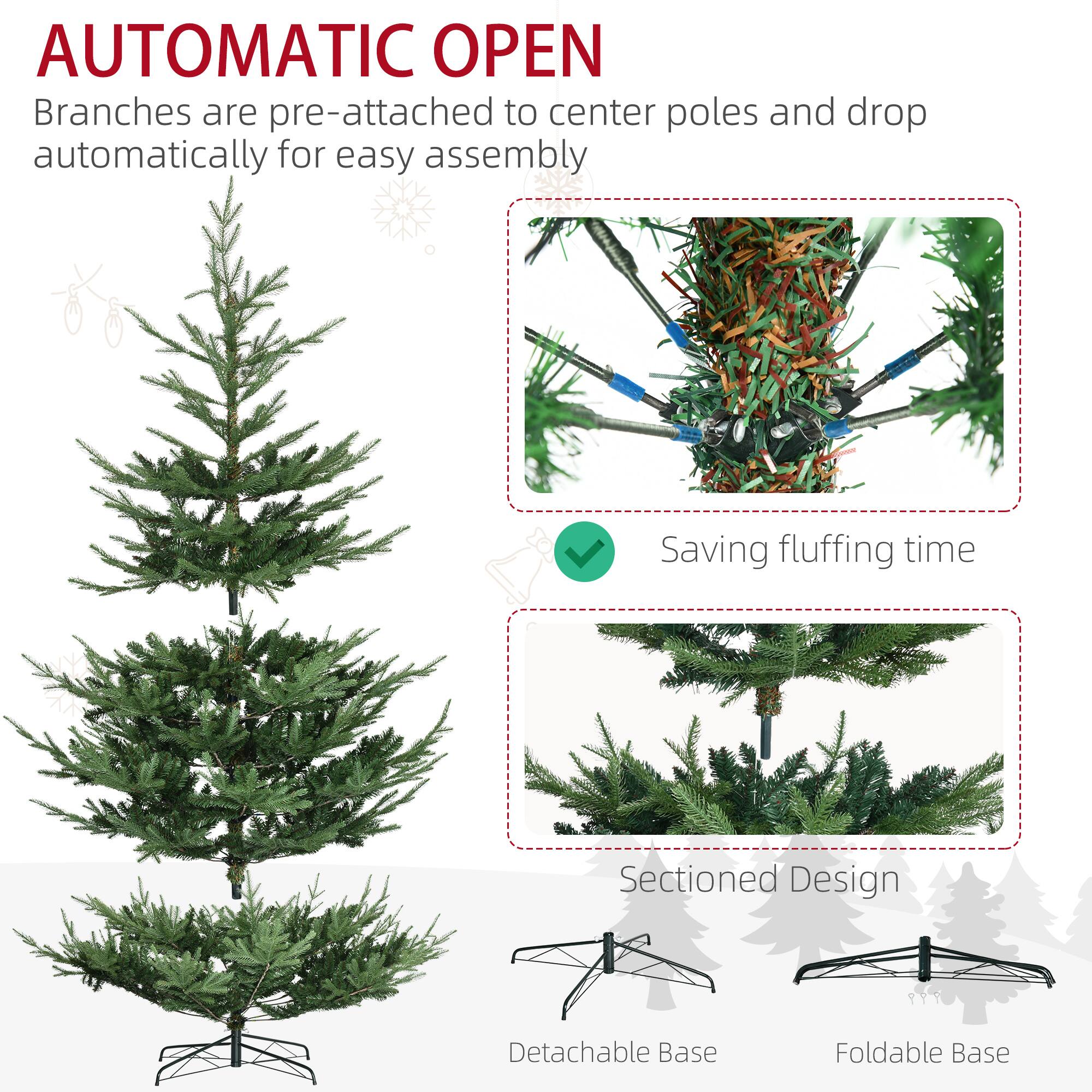 AUTOMATIC OPEN  
Branches are pre-attached to center poles and drop automatically for easy assembly.  
Saving fluffing time.  
Sectioned Design  
Detachable Base  
Foldable Base