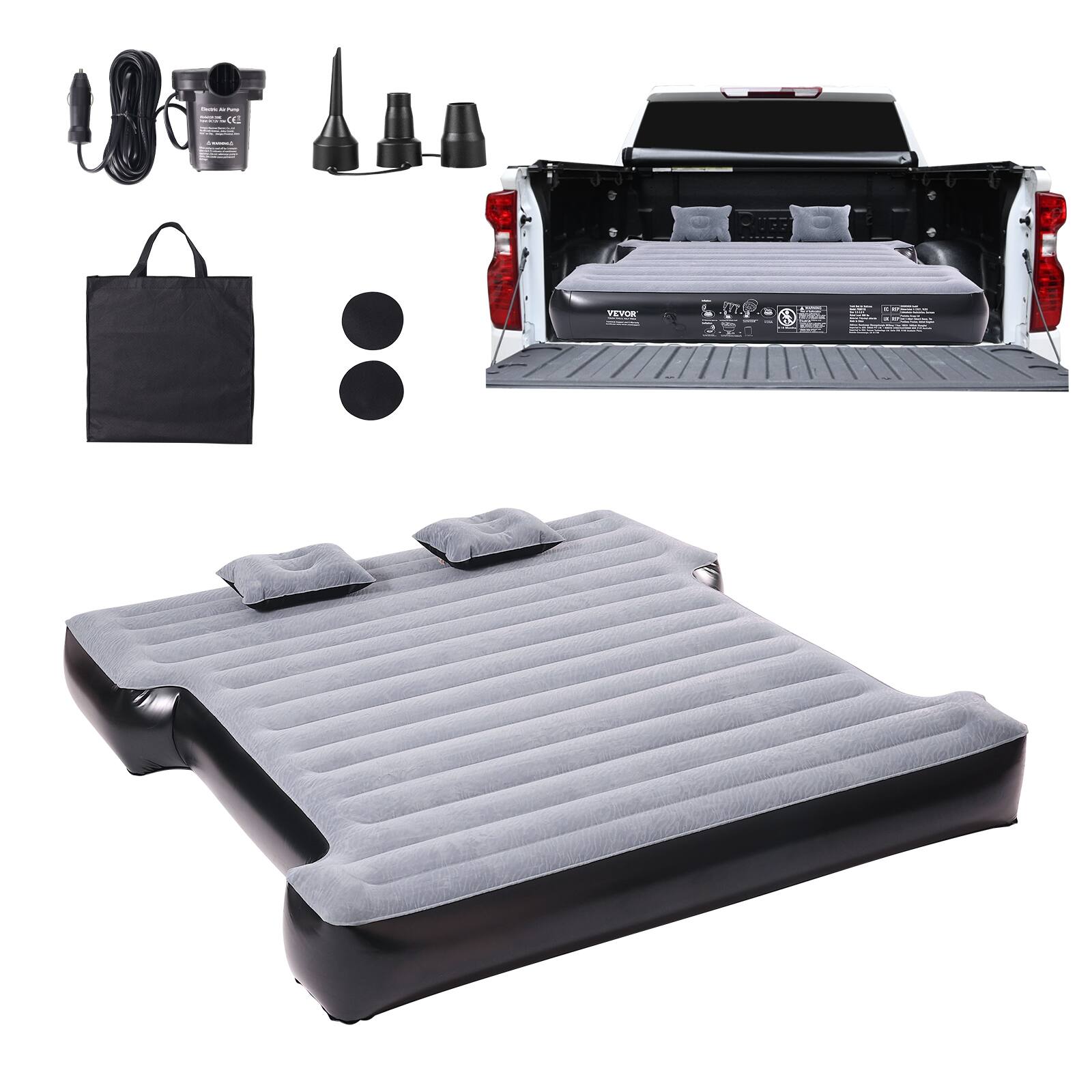 Front. VEVOR - Truck Bed Air Mattress, for 5.5-5.8 ft Full Size Short Truck Beds, Inflatable Air Mattress Camping Bed with 12V Air Pump - Grey.
