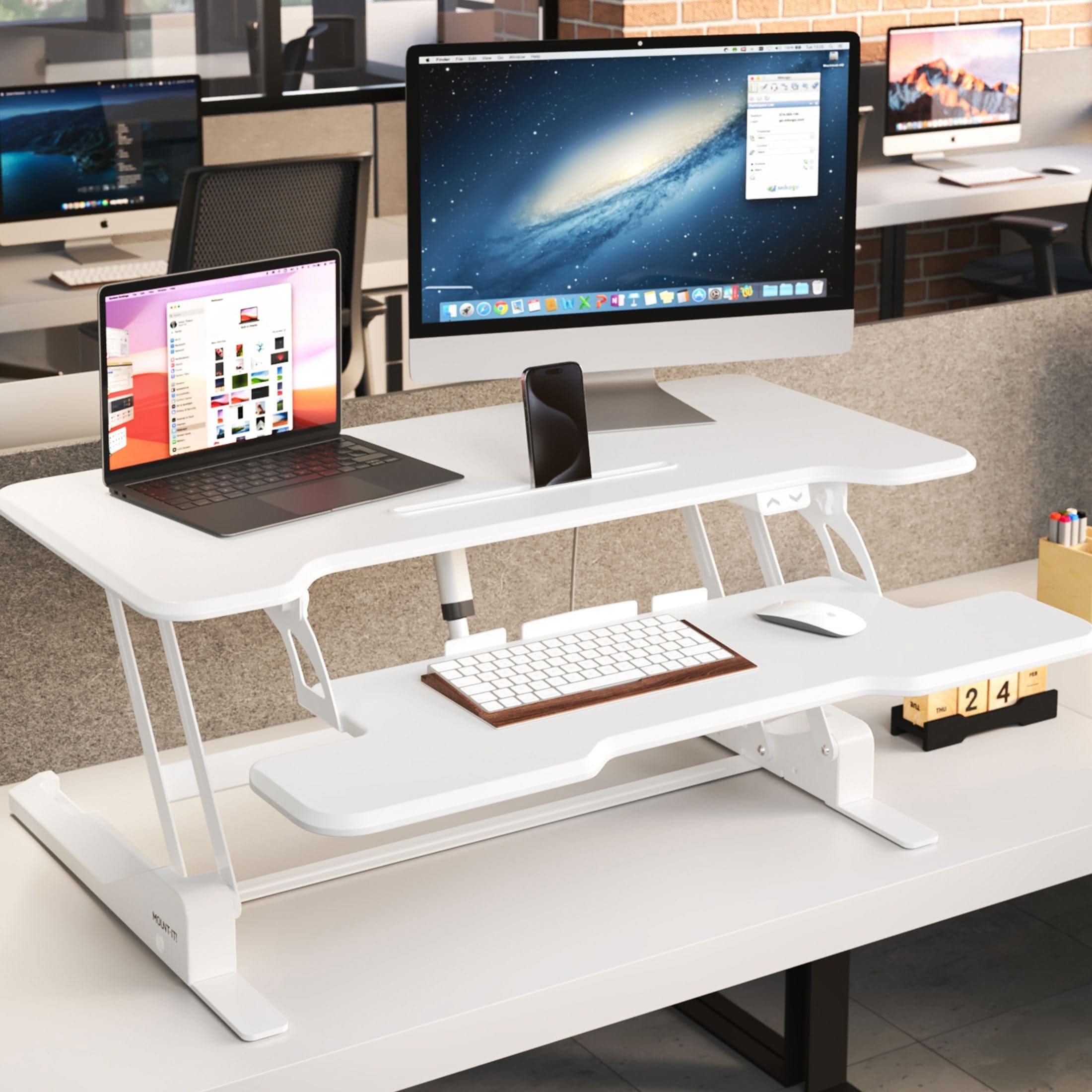 Back. Mount-It! - Electric Standing Desk Converter with 38" Adjustable Sit-Stand Work Surface and Quiet Motor Lift, White - Black.