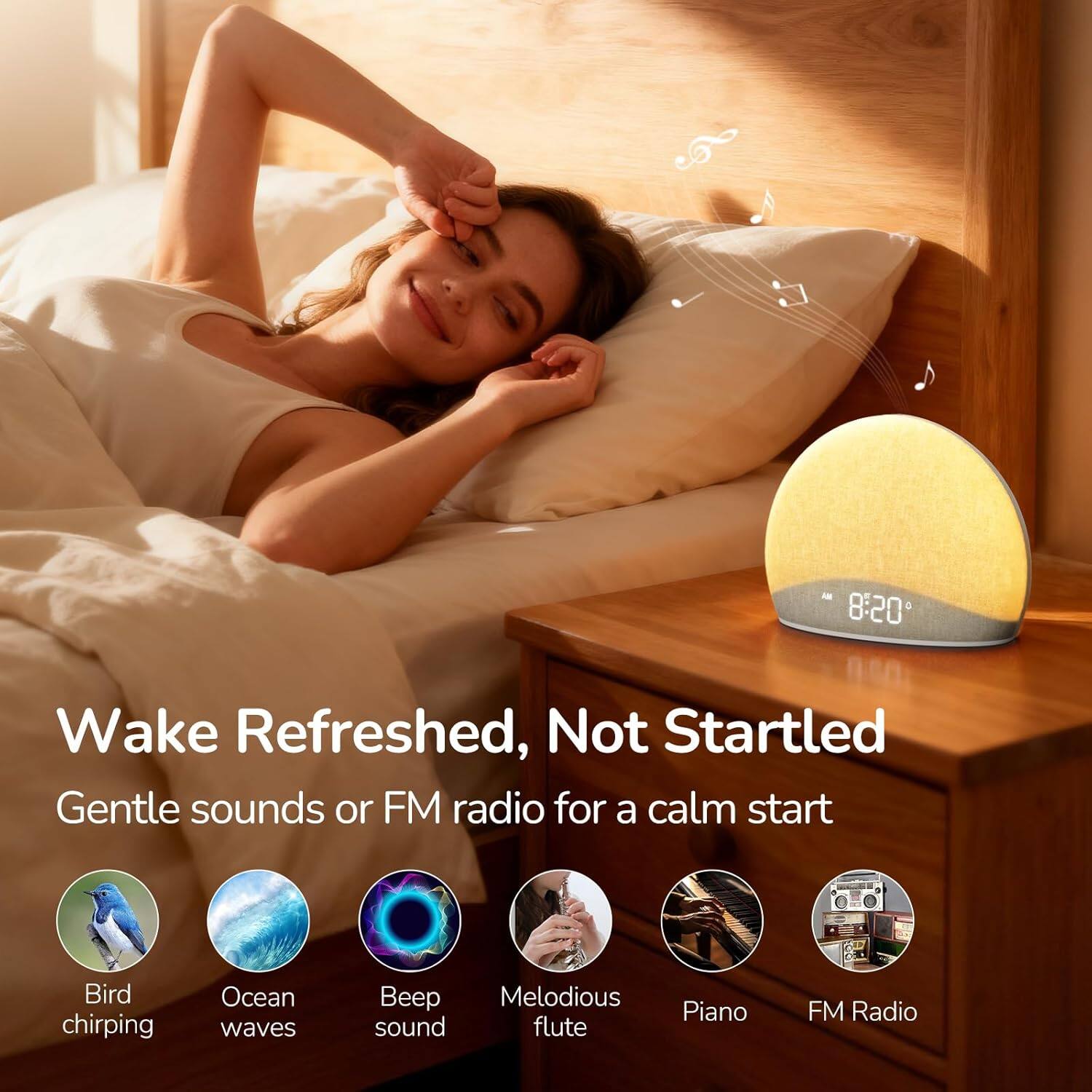 Wake Refreshed, Not Startled  
Gentle sounds or FM radio for a calm start  

- Bird chirping  
- Ocean waves  
- Beep sound  
- Melodious flute  
- Piano  
- FM Radio