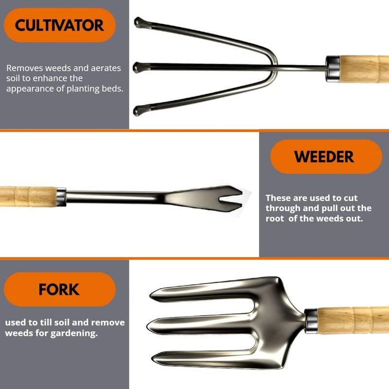 CULTIVATOR  
Removes weeds and aerates soil to enhance the appearance of planting beds.

WEEDER  
These are used to cut through and pull out the root of the weeds out.

FORK  
Used to till soil and remove weeds for gardening.