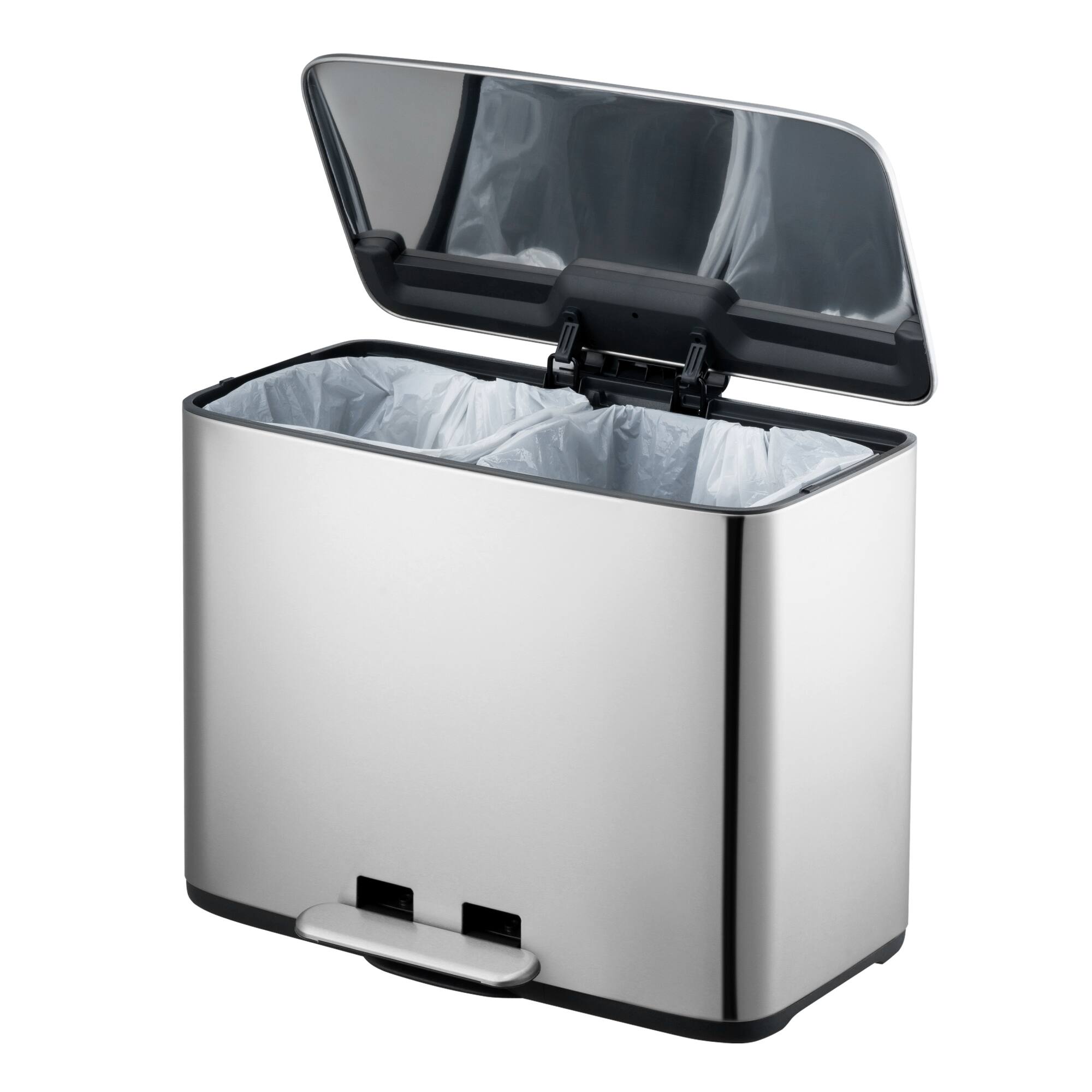 Angle. Innovaze - 9.5 Gallon Trash Can, 4.75 Gallon Dual Compartment Recycling Step-On Kitchen Trash Can, Stainless Steel - Sliver.
