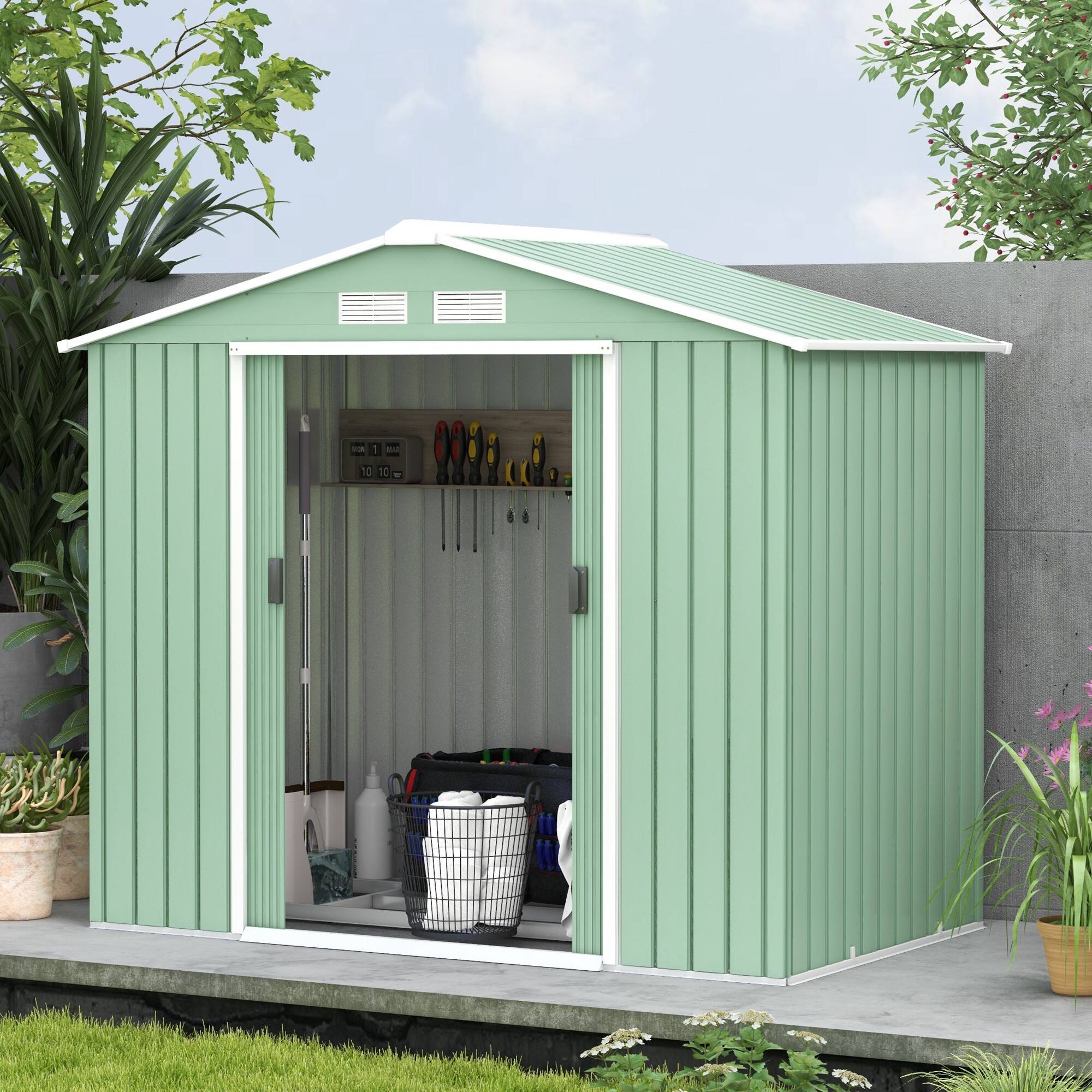 Alt View 7. Outsunny - 7' x 4' Outdoor Storage Shed, Garden Tool Metal Shed with Foundation Kit, Double Lockable Door.