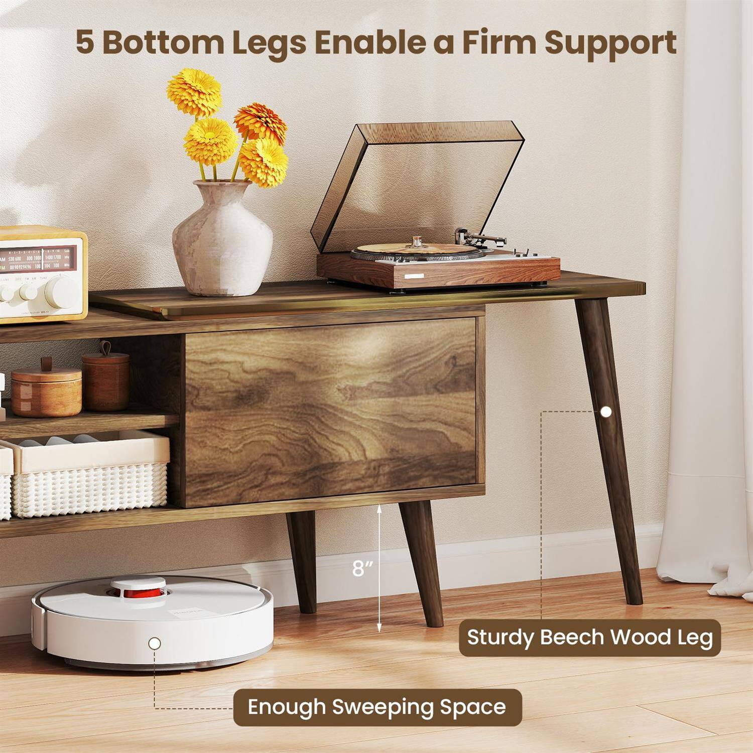 5 Bottom Legs Enable a Firm Support

Sturdy Beech Wood Leg

8" 

Enough Sweeping Space
