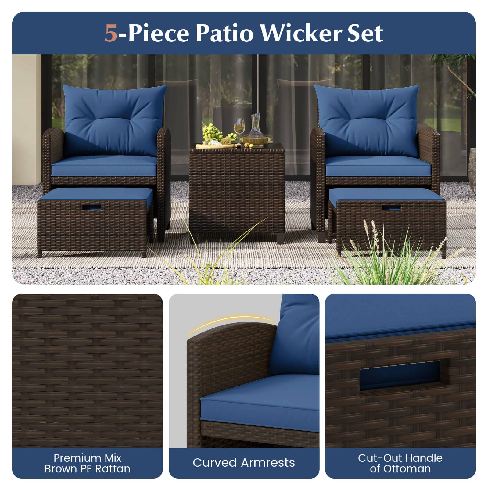 5-Piece Patio Wicker Set

Premium Mix Brown PE Rattan

Curved Armrests

Cut-Out Handle of Ottoman