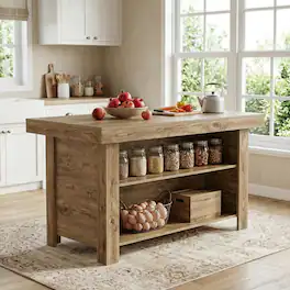 Tribesigns - 55.1-Inch Farmhouse Kitchen Island with Thick Worktop and 2 Open Storage Shelves for Kitchen - Rustic Brown