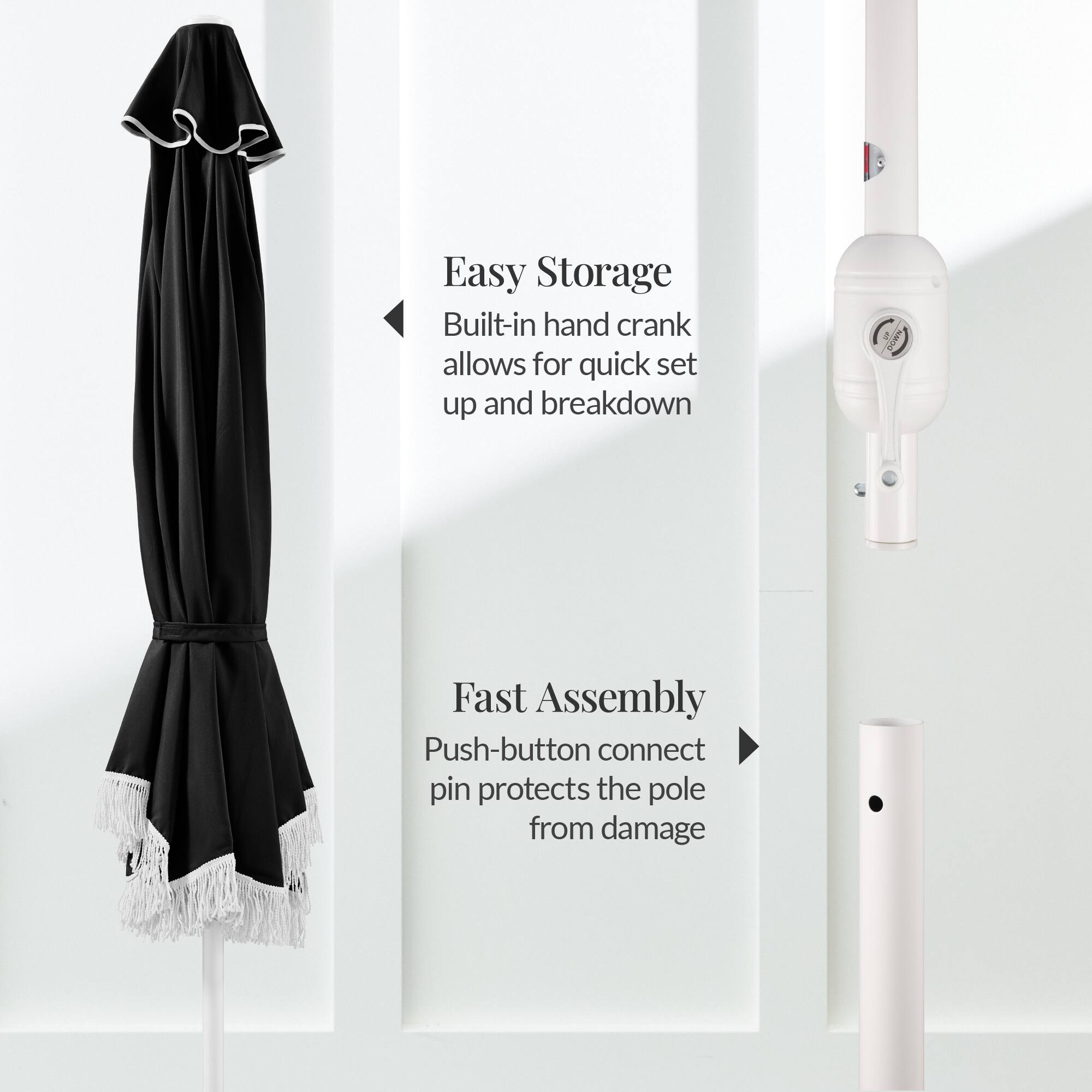 Easy Storage  
Built-in hand crank allows for quick set up and breakdown  

Fast Assembly  
Push-button connect pin protects the pole from damage