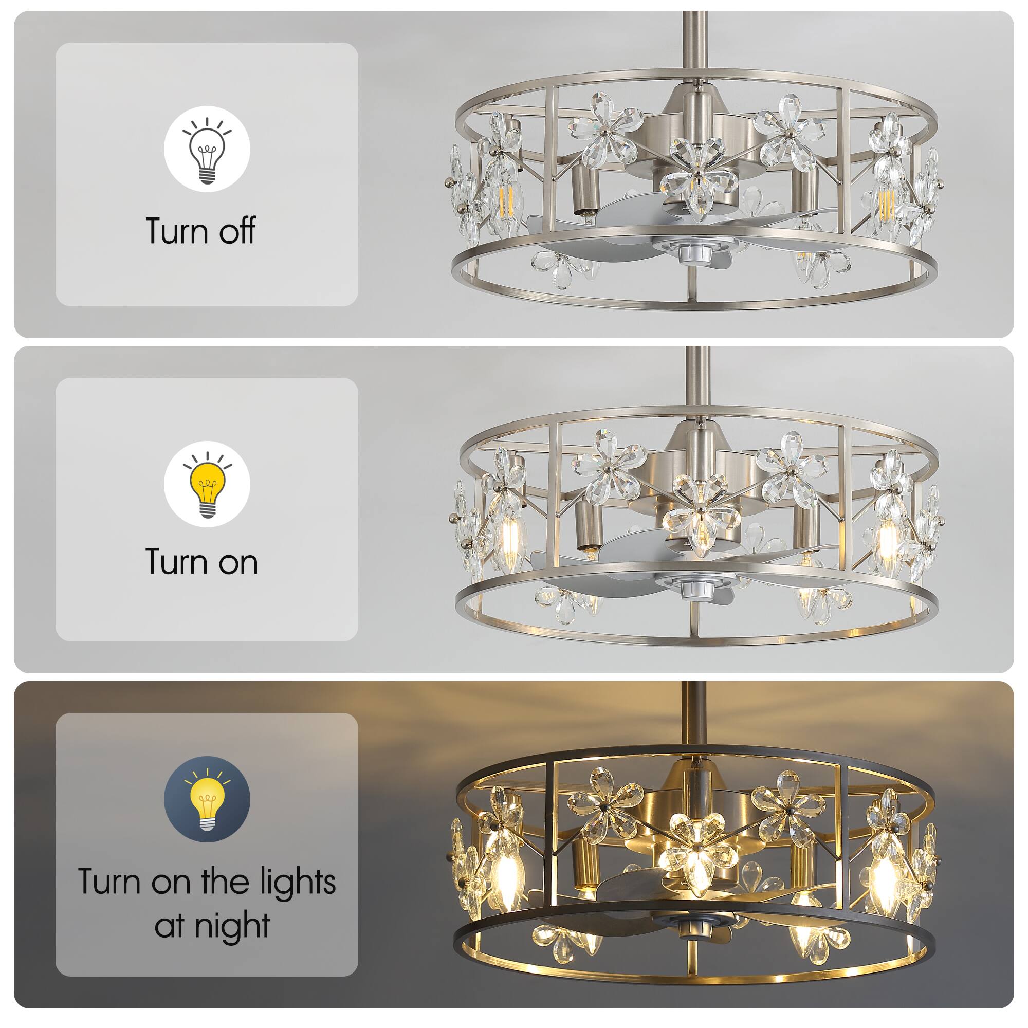 - Turn off
- Turn on
- Turn on the lights at night