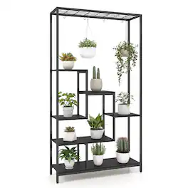 Kadyn - 6-Tier Tall Plant Stand 71 Inch Metal Indoor Plant Shelf with 10 Hanging Hooks, Wood+Metal, Black