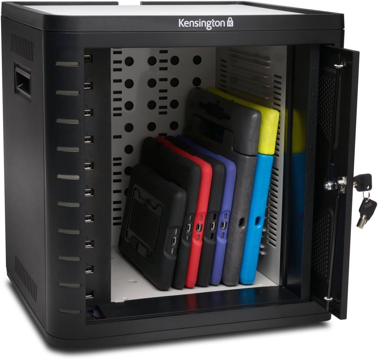 Angle. Kensington - K67862AM Charge & Sync Lockable Cabinet for 10 Tablets, Universal iOS/Android, TAA Compliant, Keyed Retracting Door.