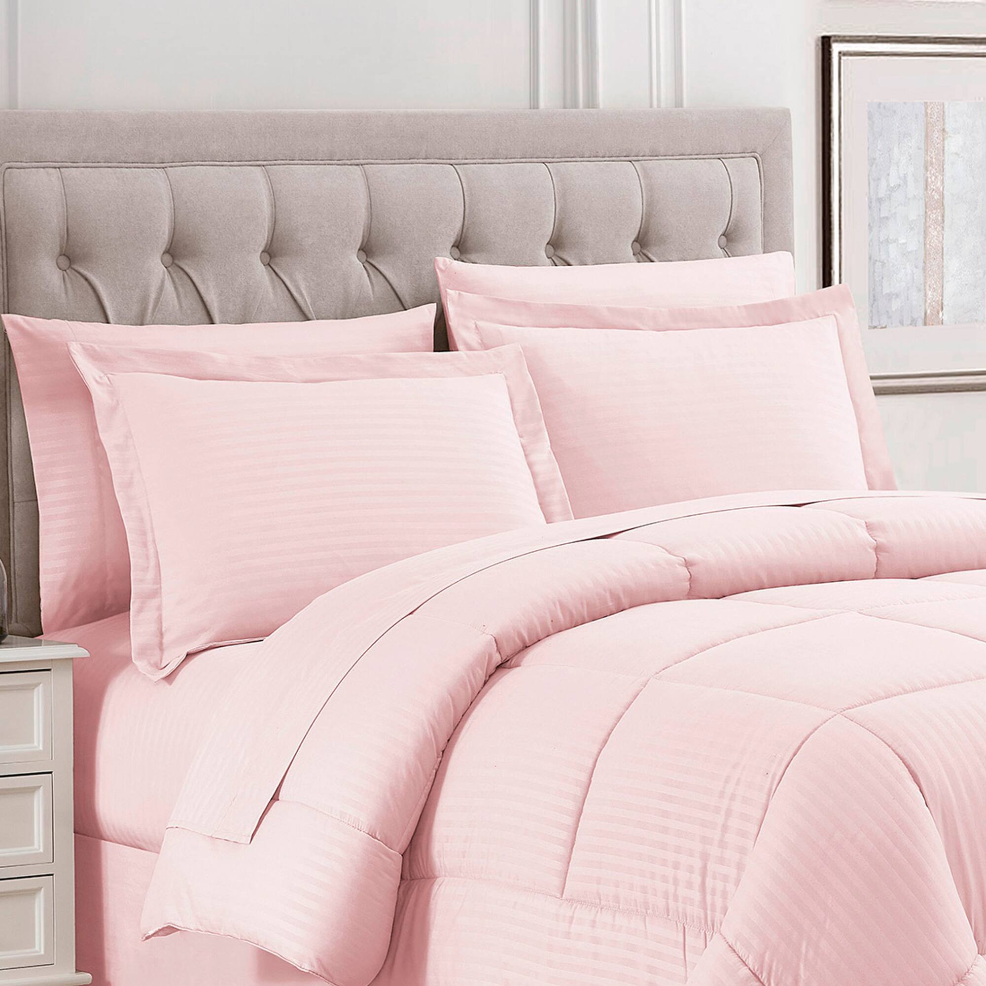 Angle. Sweet Home Collection - 8 Piece Embossed Dobby Stripe Bed in a Bag All Season Complete Set with Sheets - King - Pale Pink.