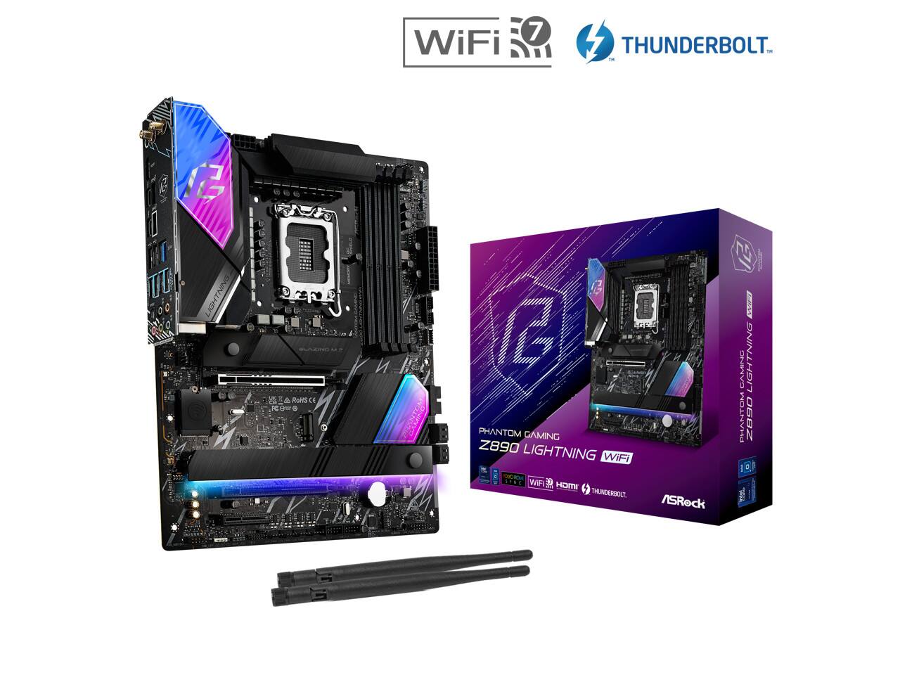 7 WiFi THUNDERBOLT - 5 IT LIGHTNING  
RoHSCE  
EXCIEN  
PHANTOM GAMING Z890 LIGHTNING  
WiFi  
WIFI  
WIGH THUNDERBOLT  
ASRock  
2 A 2  
DHINYO LIGHTNING PHANTOM  
0602  
I 10 T