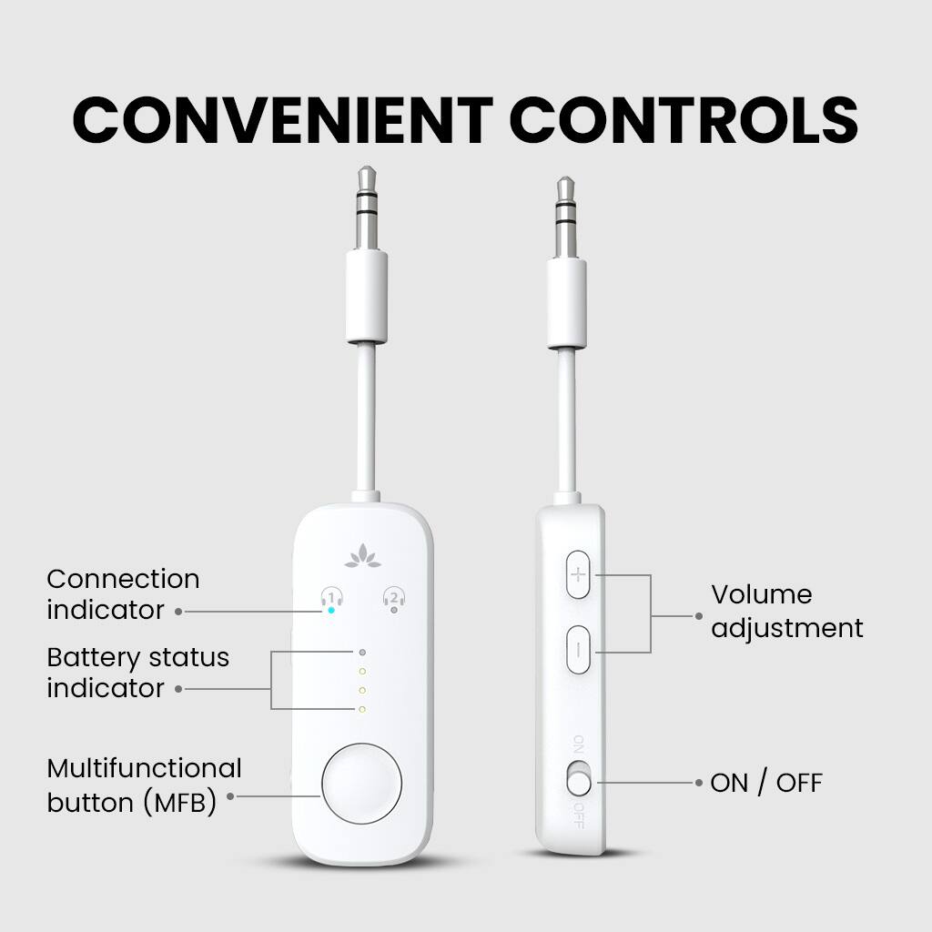 CONVENIENT CONTROLS

- Connection indicator
- Battery status indicator
- Multifunctional button (MFB)
- Volume adjustment
- ON / OFF