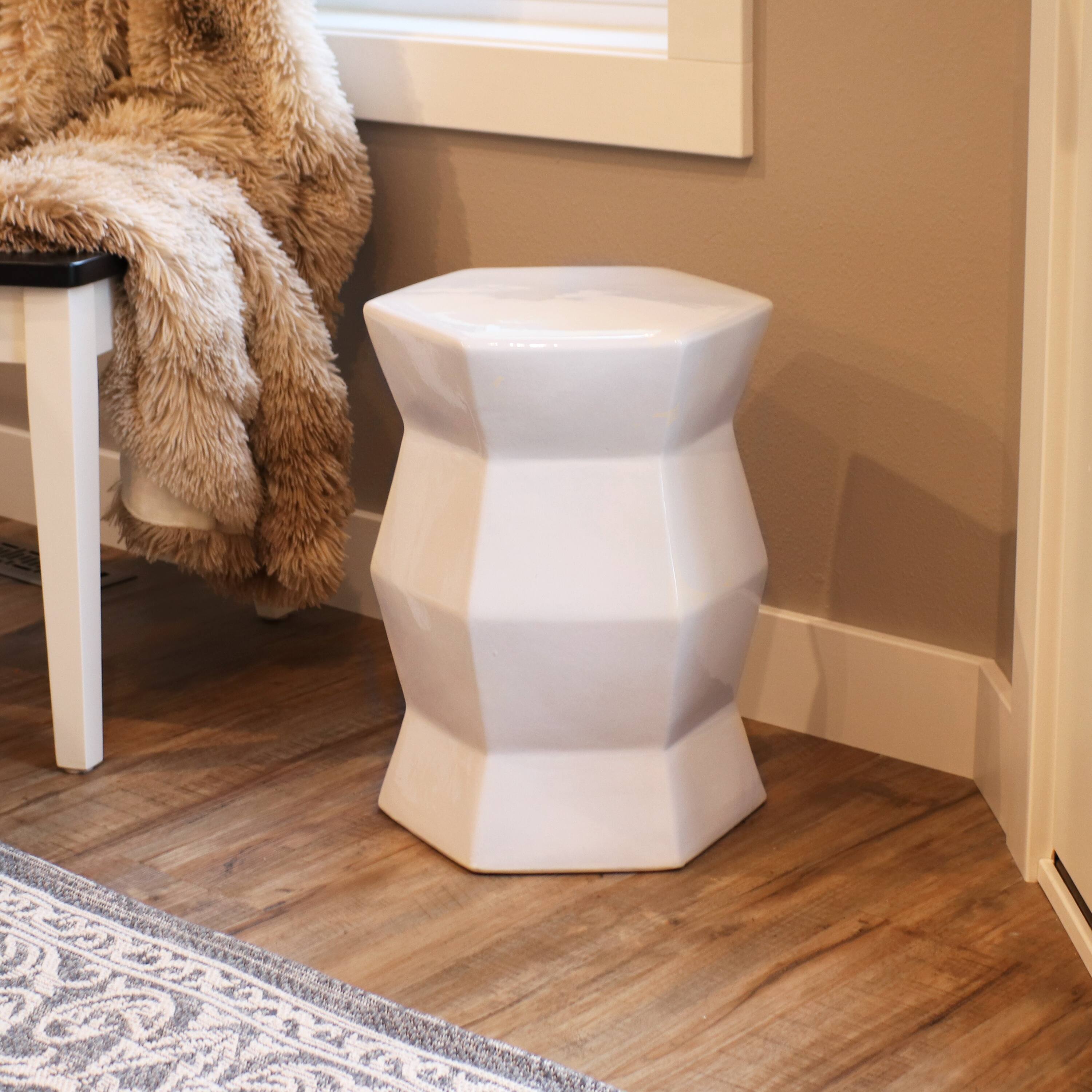 Alt View 3. Sunnydaze - 17.25 in Moderno Geometric Glaze Ceramic Garden Stool - White.