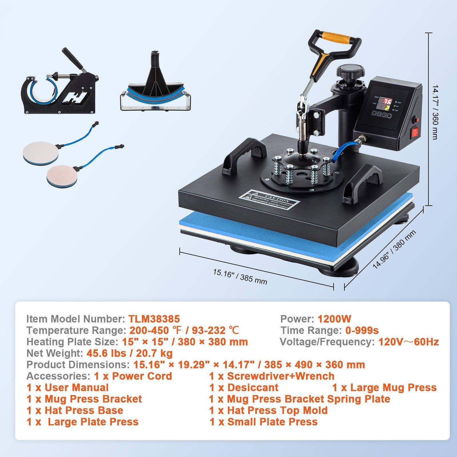 H ar 14.17" : 360 mm 15.16" I 385 mm mm I 380 14.96" Item Model Number: TLM38385 Power: 1200W Temperature Range: 200-450 F I 93-232 C Time Range: 0-999s Heating Plate Size: 15" x 15" I 380 x 380 mm Voltage/Frequency: 120V~60Hz Net Weight: 45.6 lbs I 20.7 kg Product Dimensions: 15.16" x 19.29" x 14.17" I 385 x 490 x 360 mm Accessories: 1 x Power Cord 1 x Screwdriver+Wrench 1 x User Manual 1 X Desiccant 1 x Large Mug Press 1 x Mug Press Bracket 1 x Mug Press Bracket Spring Plate 1 X Hat Press Base 1 X Hat Press Top Mold 1 x Large Plate Press 1 X Small Plate Press