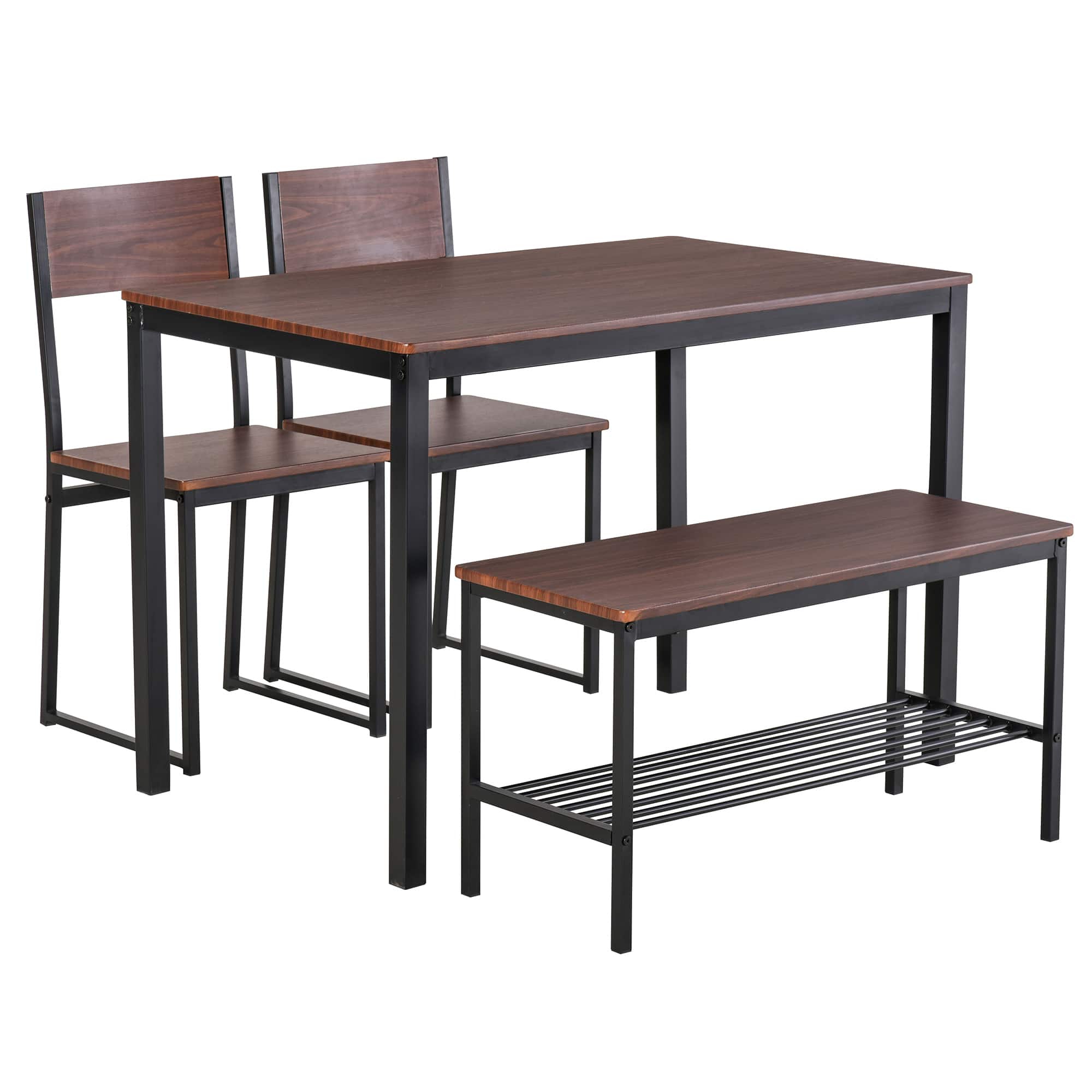 Homcom - Industrial 4-Piece Dining Room Table Set with Bench, Wooden Kitchen Table & Chairs w/ Storage Rack (Kitchen/Dinette) - Brown
