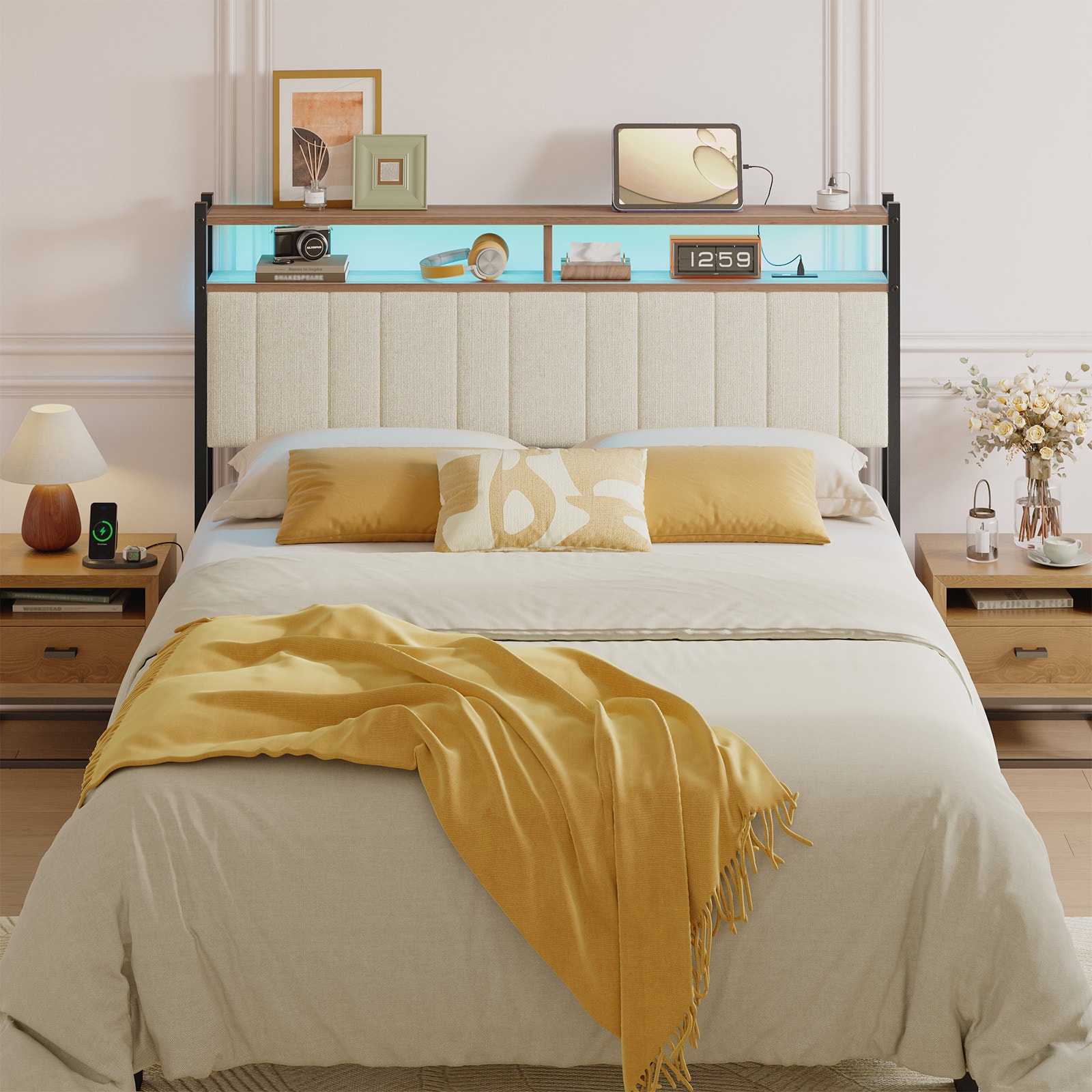 Front. Pinmoco - Pinmoco - Linen Upholstered Storage Headboard LED Headboard with Charging Station - Beige.