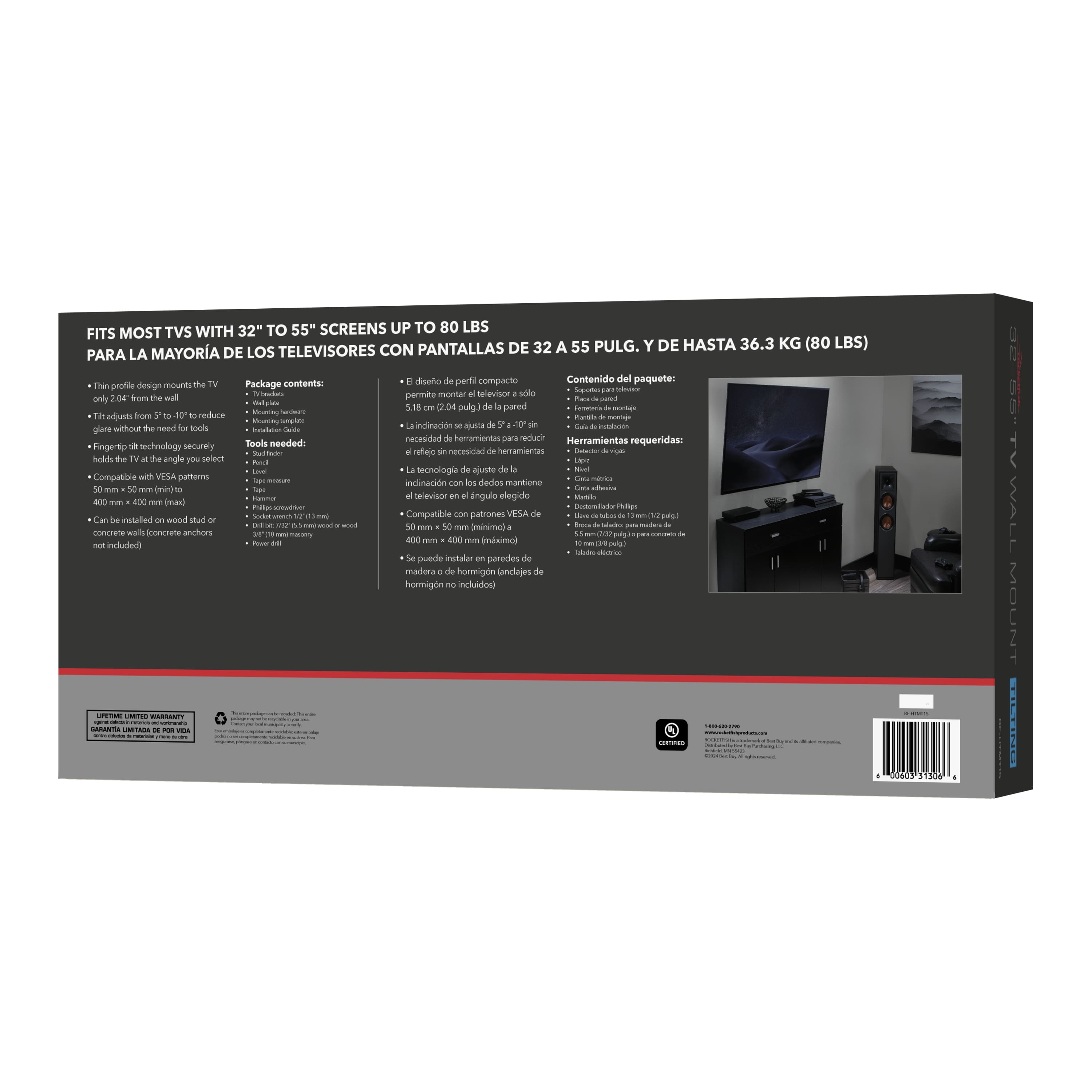 The box contains a mounting system for televisions with screen sizes ranging from 32" to 55" and weights up to 80 lbs. The package includes all the necessary tools and instructions for a secure installation. The mounting system is compatible with VESA patterns and can be installed on walls or concrete surfaces. The product is designed with a slim profile, allowing it to be mounted only 2.04 inches away from the wall. The package also contains a single-piece mount that reduces the need for additional tools and makes installation easy.
