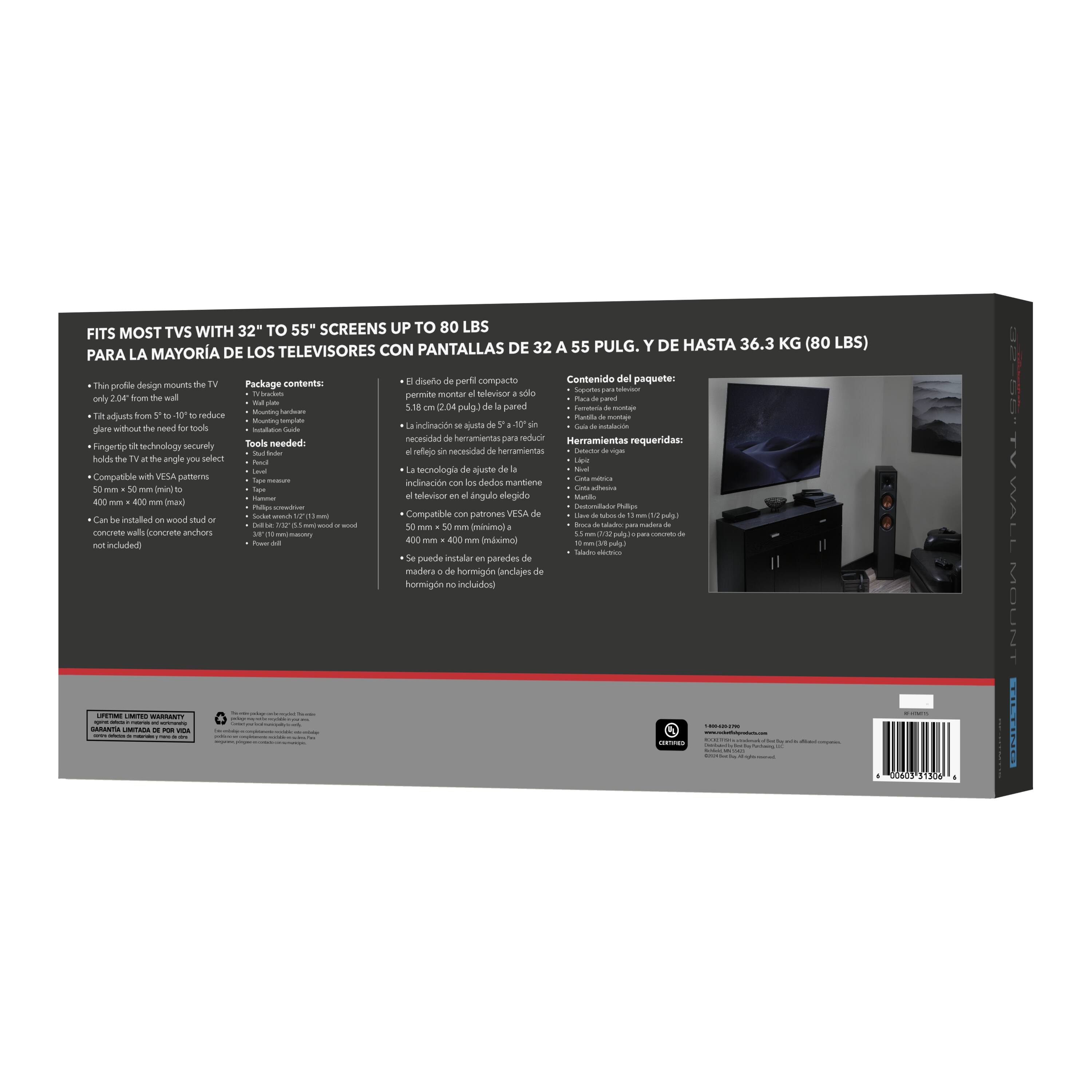 The box contains a mounting system for televisions with screen sizes ranging from 32" to 55" and weights up to 80 lbs. The package includes all the necessary tools and instructions for a secure installation. The mounting system is compatible with VESA patterns and can be installed on walls or concrete surfaces. The product is designed with a slim profile, allowing it to be mounted only 2.04 inches away from the wall. The package also contains a single-piece mount that reduces the need for additional tools and makes installation easy.
