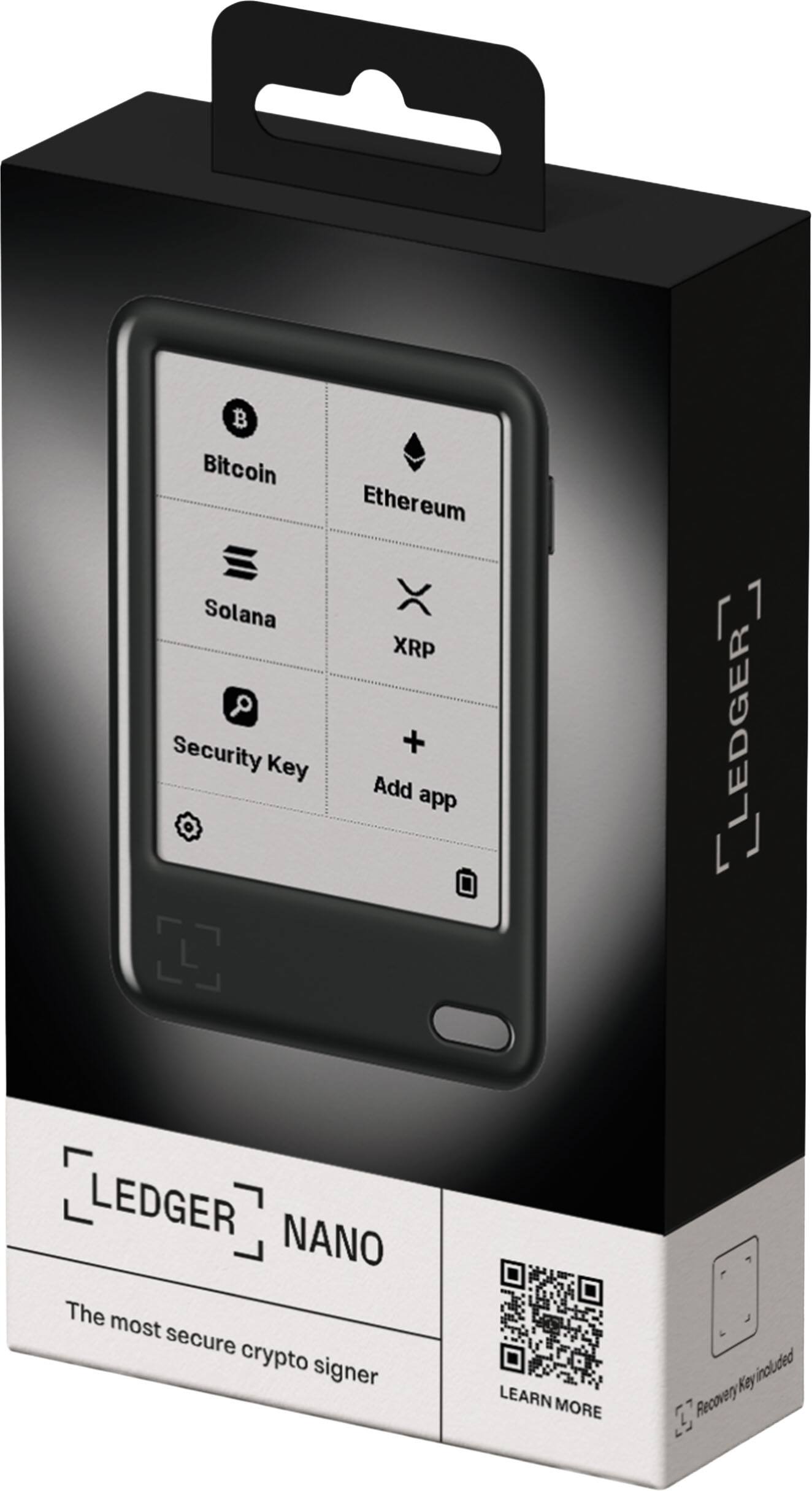 Bitcoin  
Ethereum  
Solana  
XRP  
Security Key  
Add app  

Ledger Nano  
The most secure crypto signer  
Learn More  

Recovery Key Included