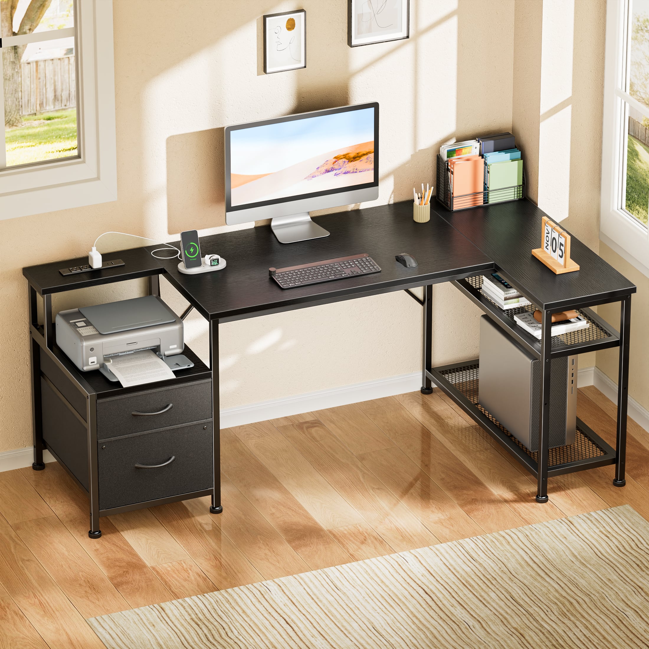 Furnulem - Computer Desk With Drawers Power Outlet Gaming Desk With Storage Shelves for Home Office Desk - Black