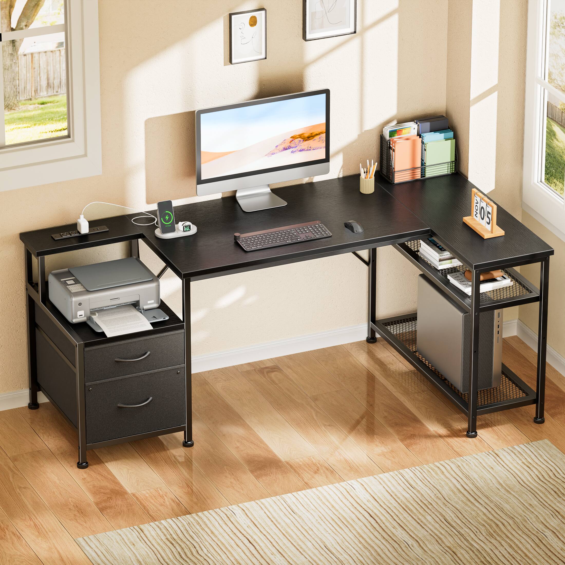 Furnulem - Computer Desk With Drawers Power Outlet Gaming Desk With Storage Shelves for Home Office Desk - Black