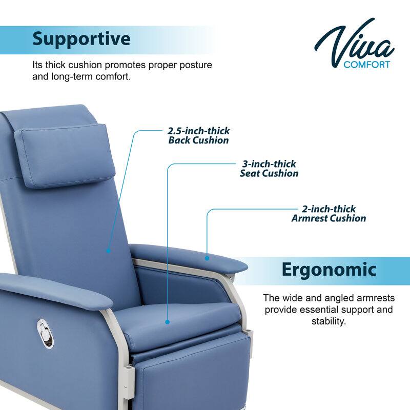 Supportive: Its thick cushion promotes proper posture and long-term comfort. Viva COMFORT 2.5-inch-thick Back Cushion, 3-inch-thick Seat Cushion, 2-inch-thick Armrest Cushion. Ergonomic: The wide and angled armrests provide essential support and stability.