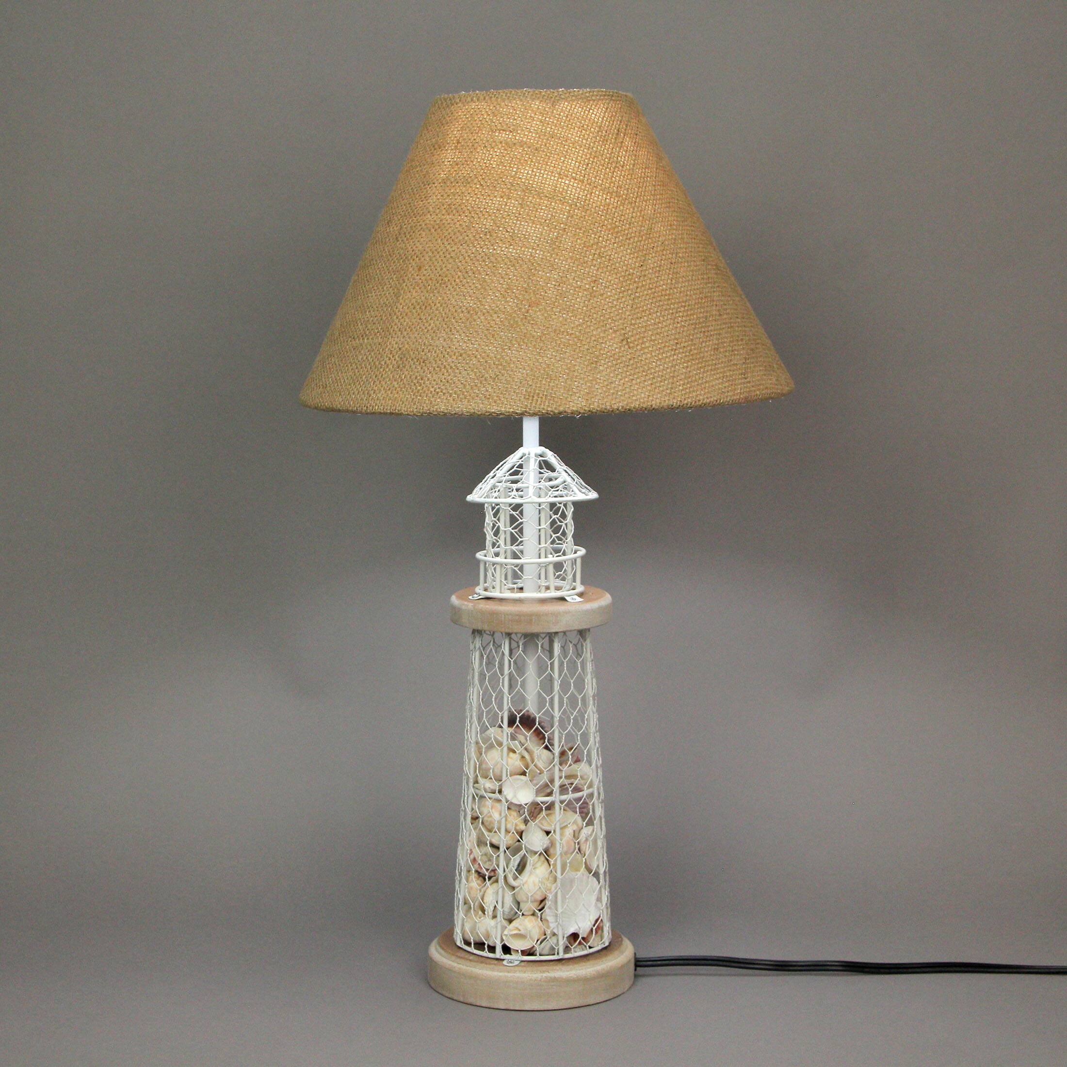 Alt View 4. Zeckos - White and Grey Metal Mesh Seashell Filled Lighthouse Table Lamp with Cone Shade - White.