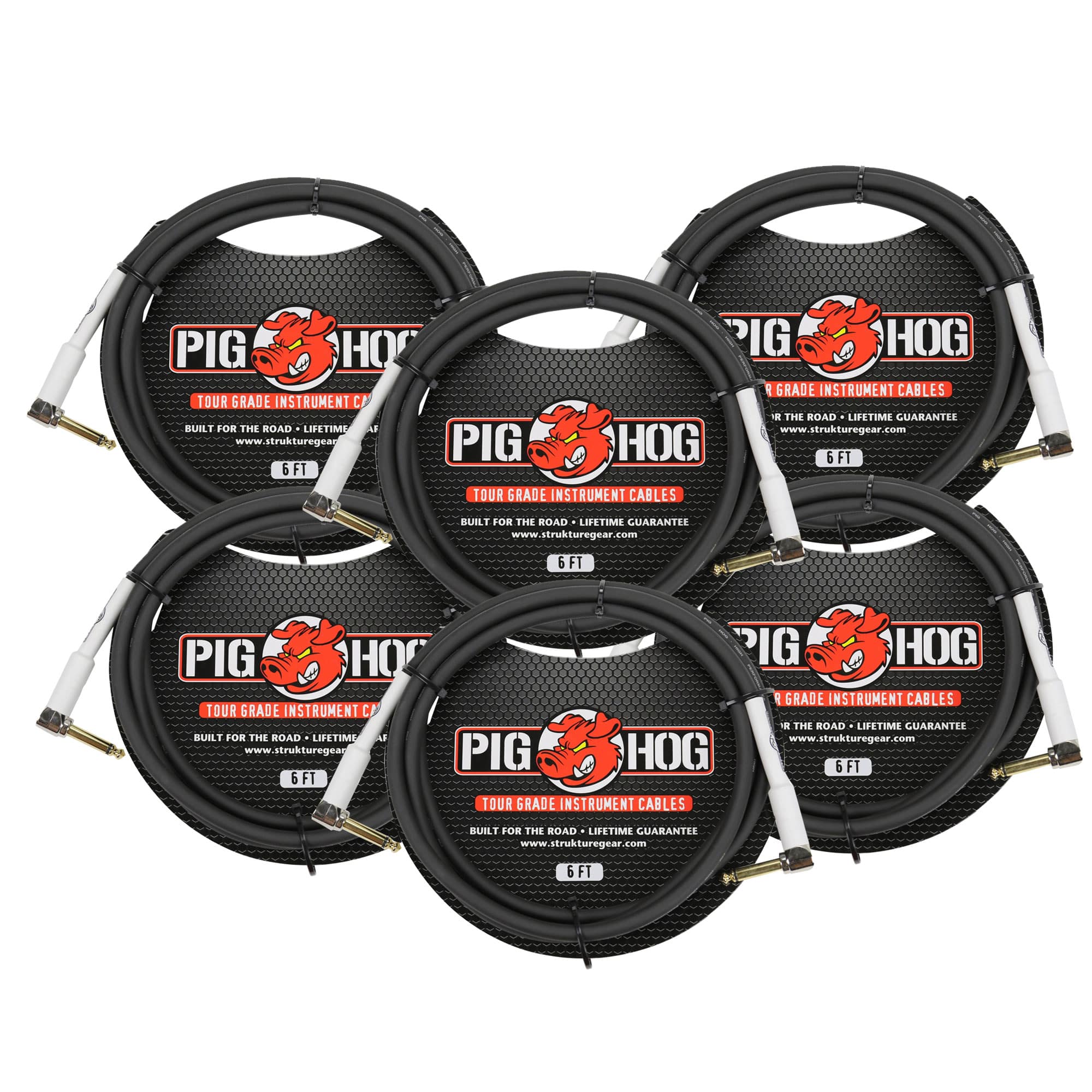 Pig Hog - Tour Grade 6ft Instrument Cable 1/4" to 1/4" Right Angle Connectors - 6x - Black