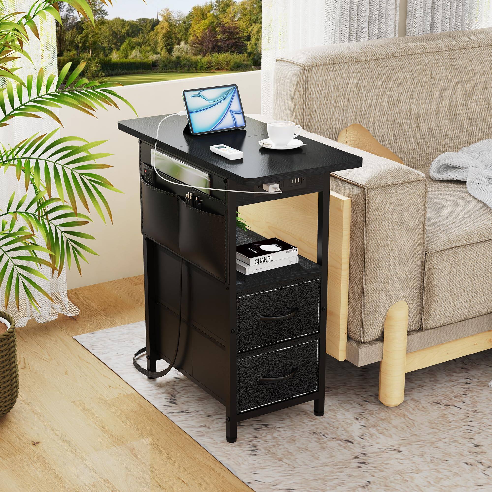 Alt View 4. PO3TICJUNKI3 - Side Table With Charging Station Narrow Nightstand Bedside Tables Storage Pocket For Living Room Bedroom So... - Black.