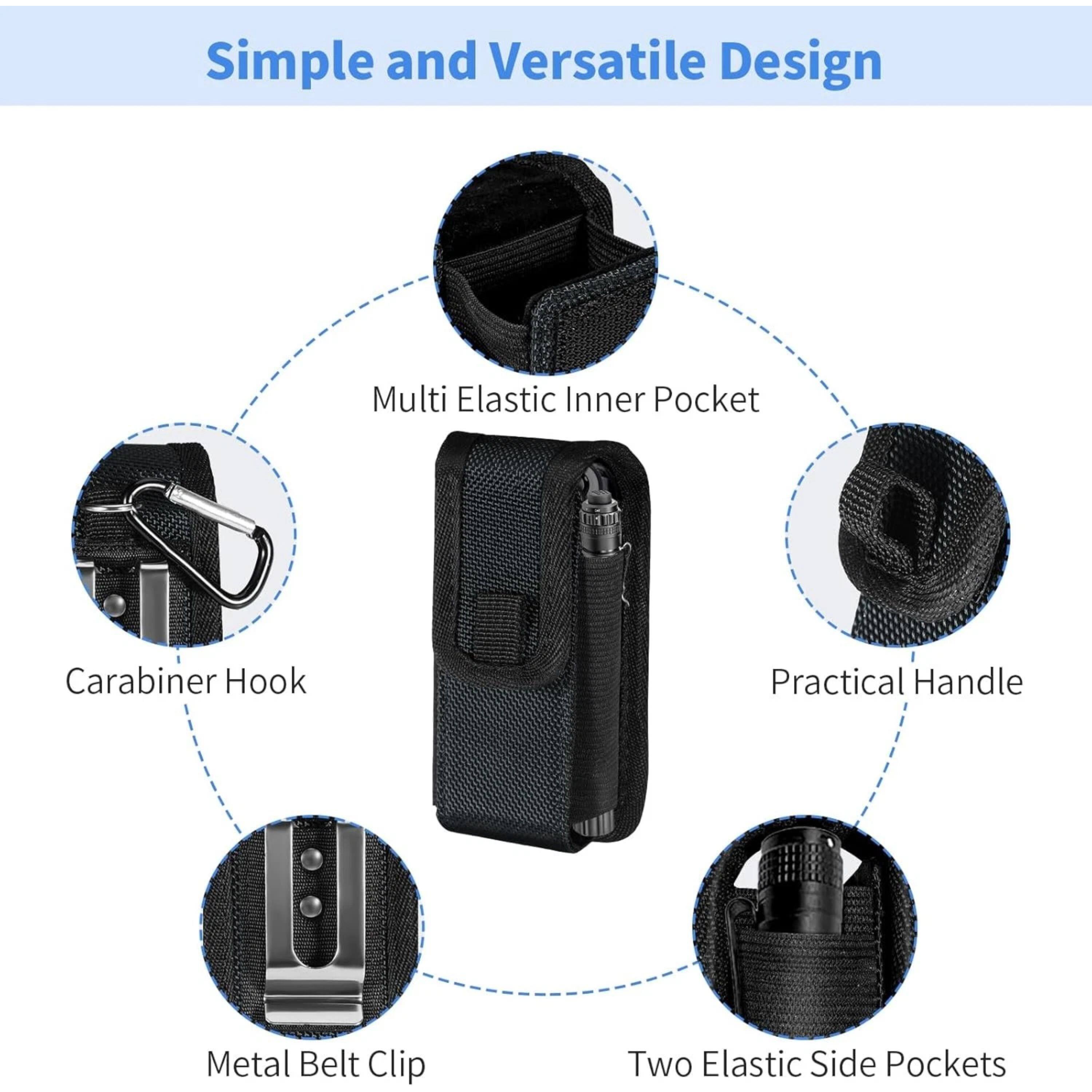 Simple and Versatile Design  
Multi Elastic Inner Pocket  
Carabiner Hook  
Practical Handle  
Metal Belt Clip  
Two Elastic Side Pockets