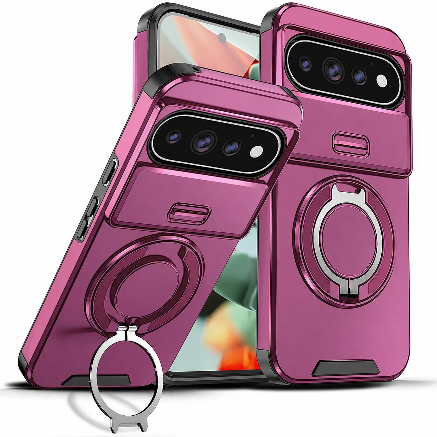 Front. UUCOVER - Ring Holder Case for Google Pixel 11 Pro XL,Shockproof TPU+PC Kickstand Case Sliding Camera Protective Cover - Cherryred.