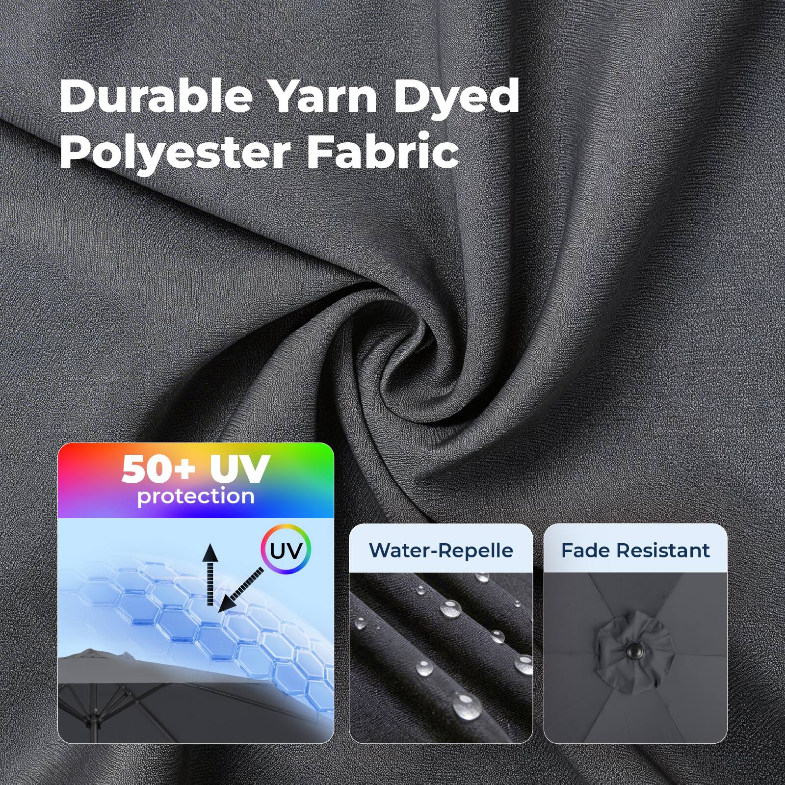 Durable Yarn Dyed Polyester Fabric

- 50+ UV protection
- Water-Repellent
- Fade Resistant