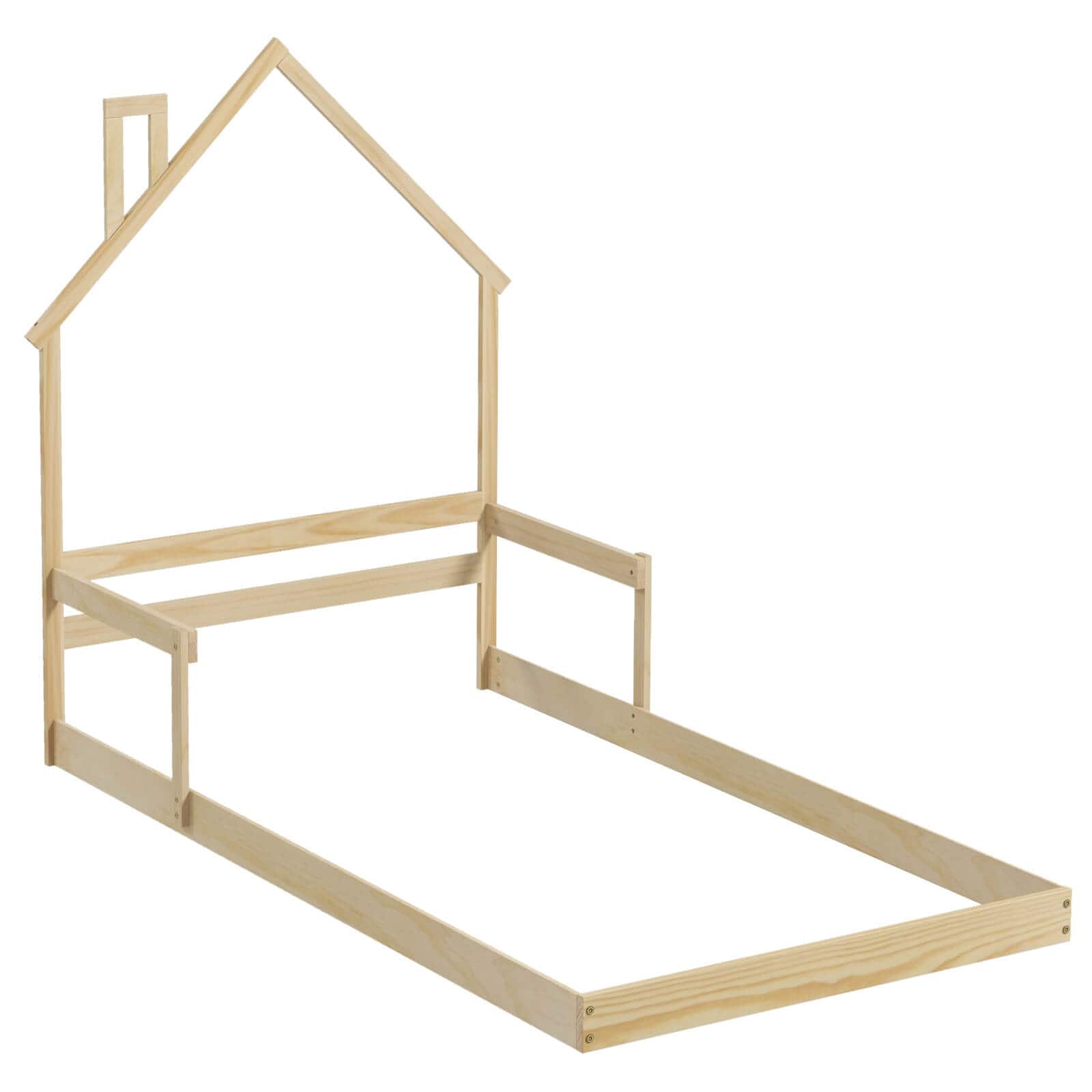 Costway - Twin Size Floor Bed for Kids with Chimney Headboard & Handrail - Natural