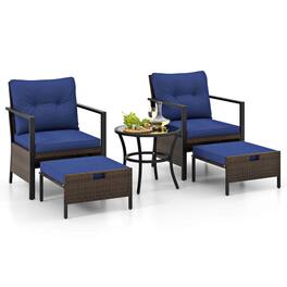 Gymax - Set of 5 Furniture Set Rattan Chairs & Ottomans w/ Glass Topped Coffee Table Patio - Navy