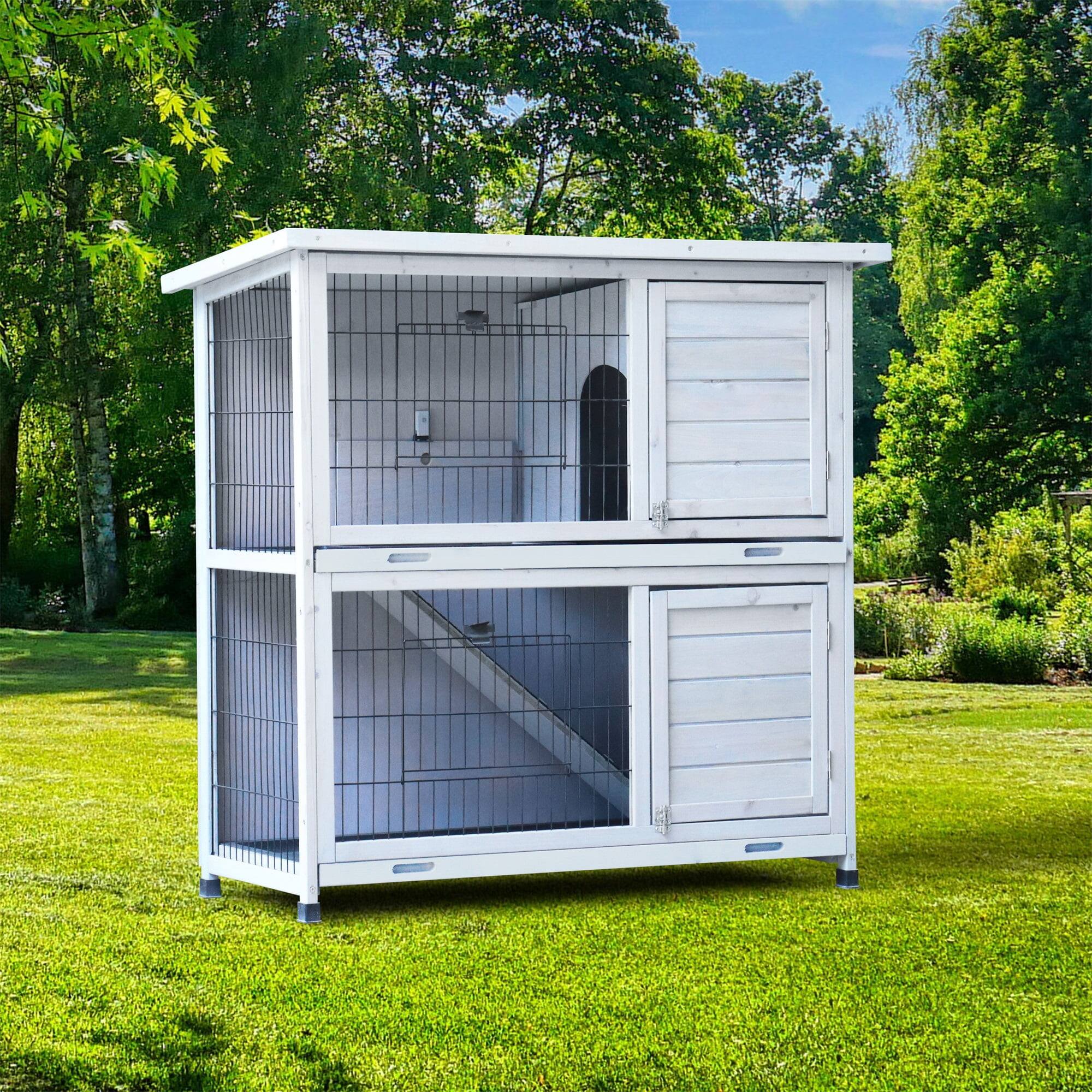 Alt View 1. Pefilos - 41" Rabbit Hutch with Tray,  2-Tier Wooden Bunny House Guinea Pig Cages with Ramp.